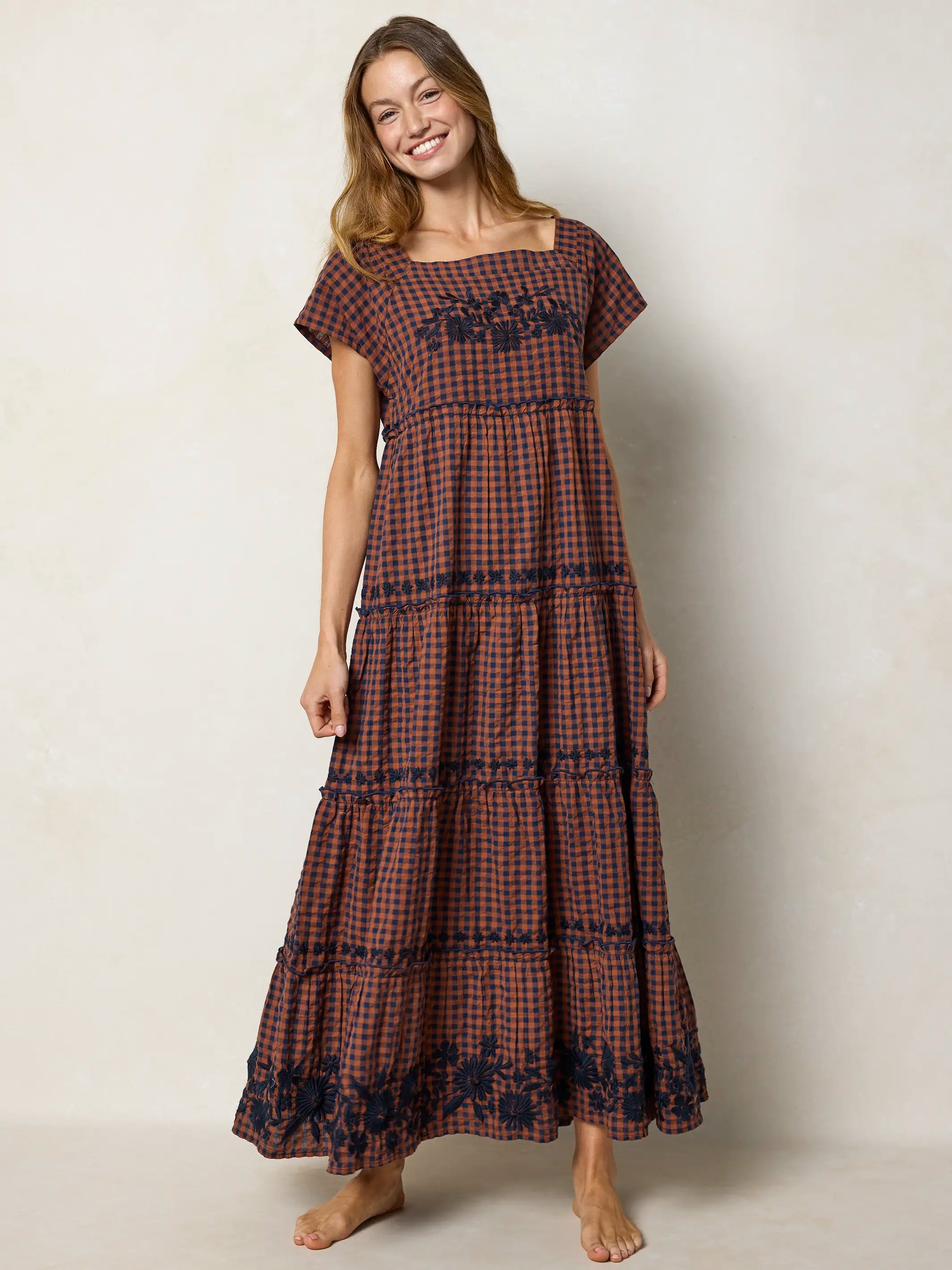 Berkley Embroidered Cotton Maxi Dress - Rust Gingham