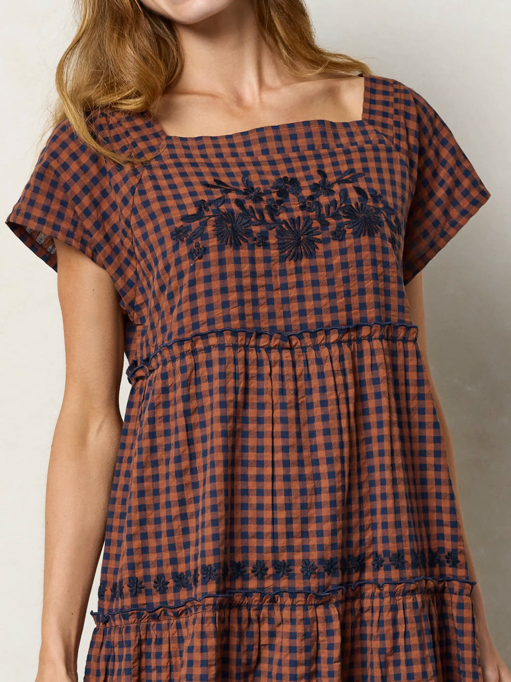 Berkley Embroidered Cotton Maxi Dress - Rust Gingham