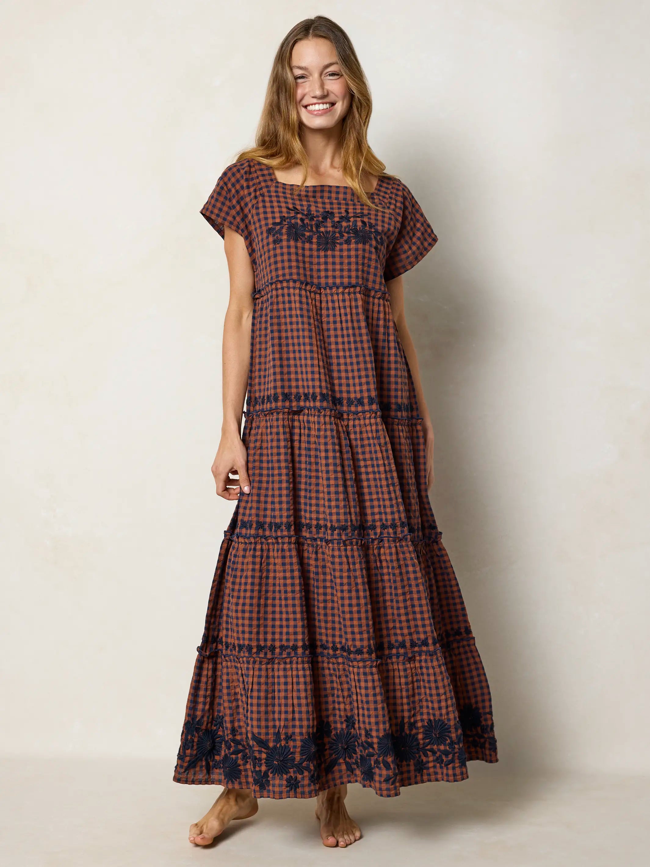 Berkley Embroidered Cotton Maxi Dress - Rust Gingham