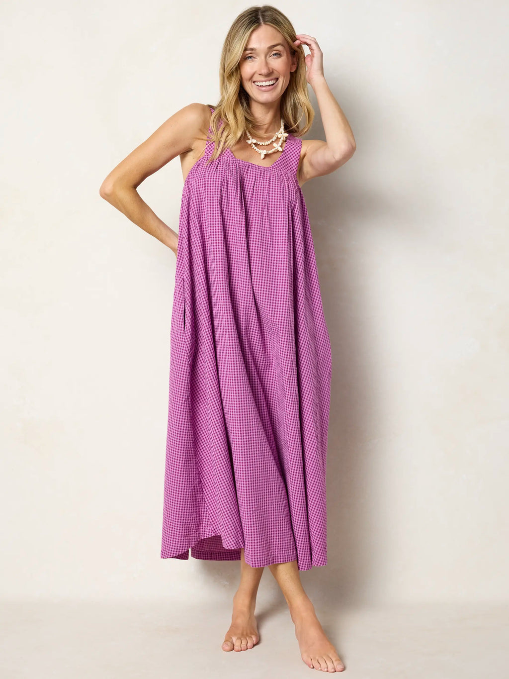 Charleston Cotton Maxi Dress - Purple Gingham