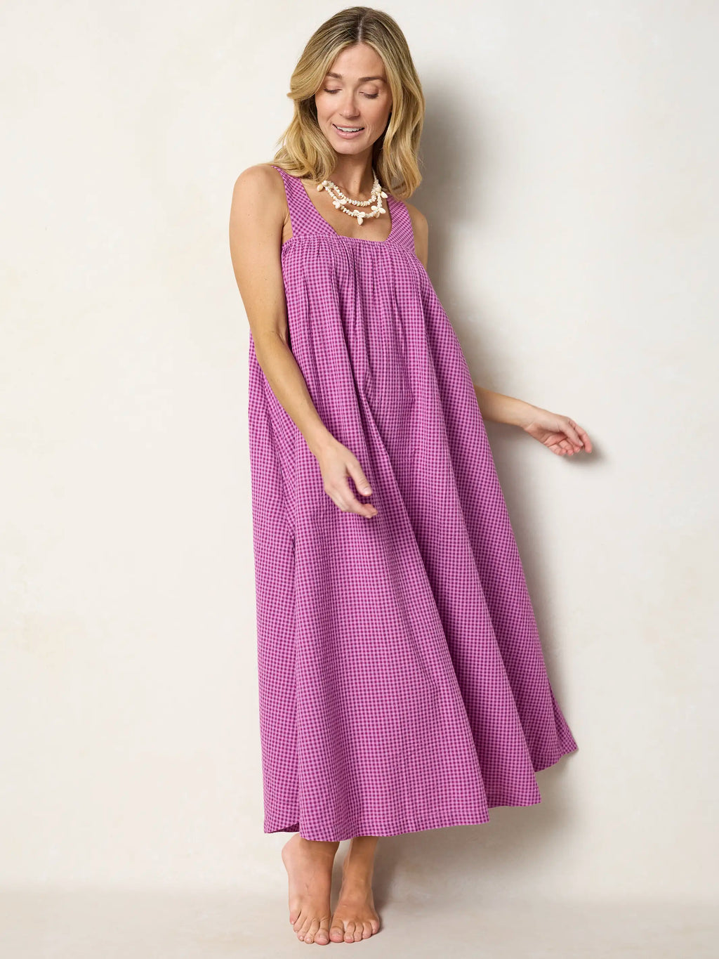Charleston Cotton Maxi Dress - Purple Gingham