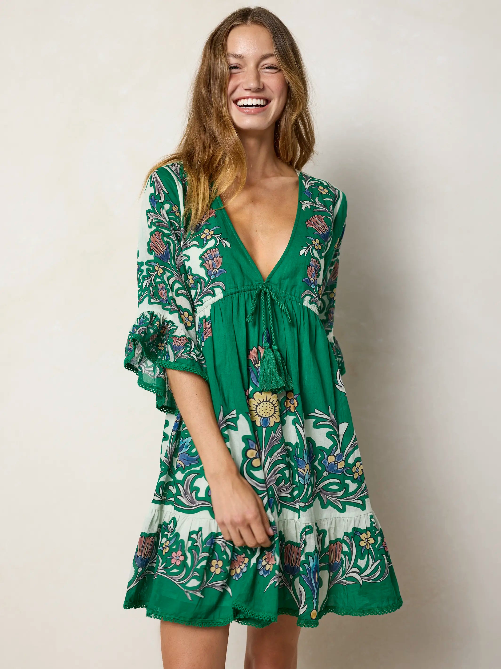 Capri Cotton Mini Dress - Kelly Green Floral