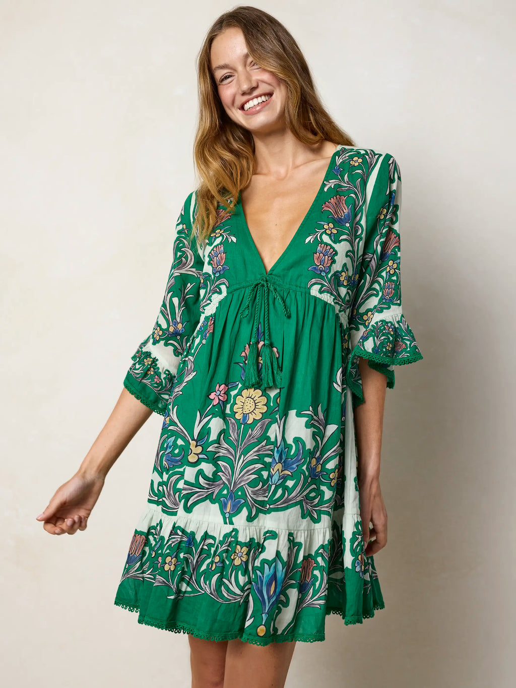 Capri Cotton Mini Dress - Kelly Green Floral