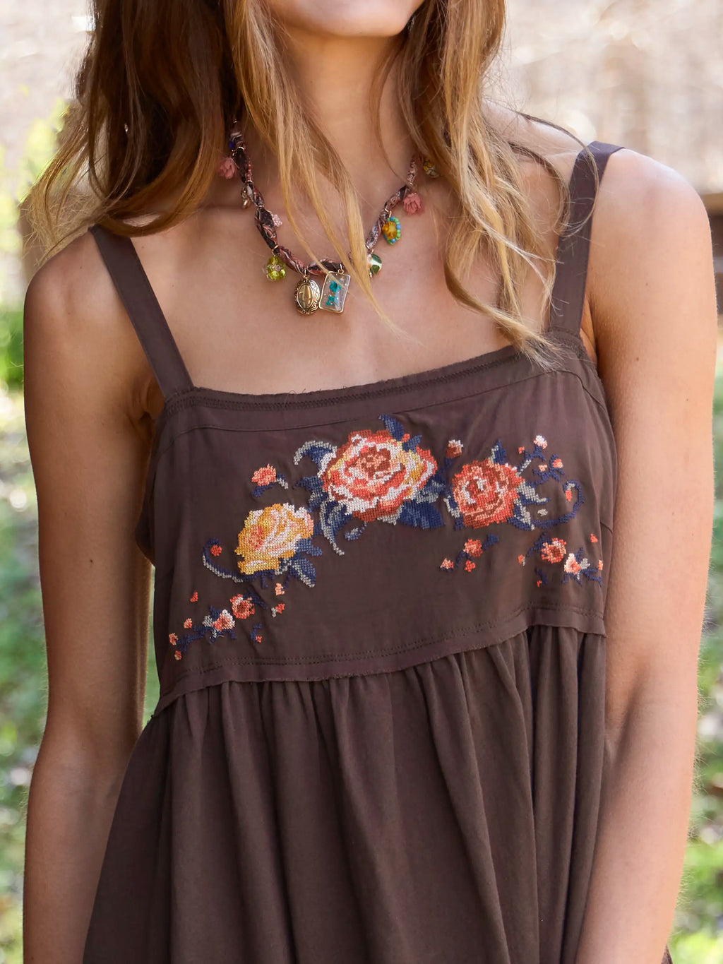 Patti Embroidered Mini Dress - Brown