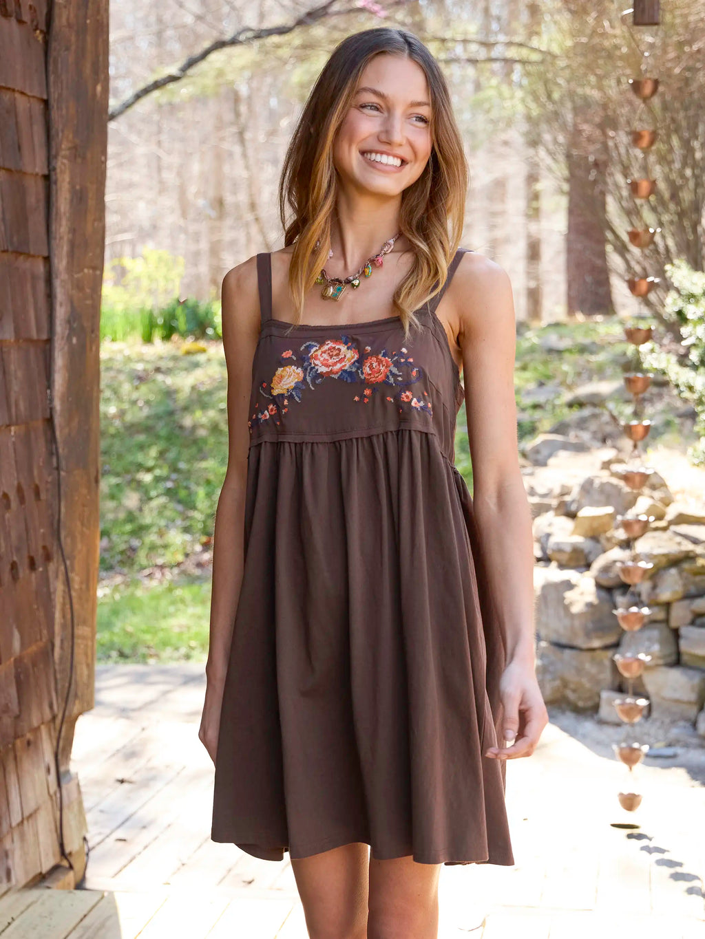 Patti Embroidered Mini Dress - Brown