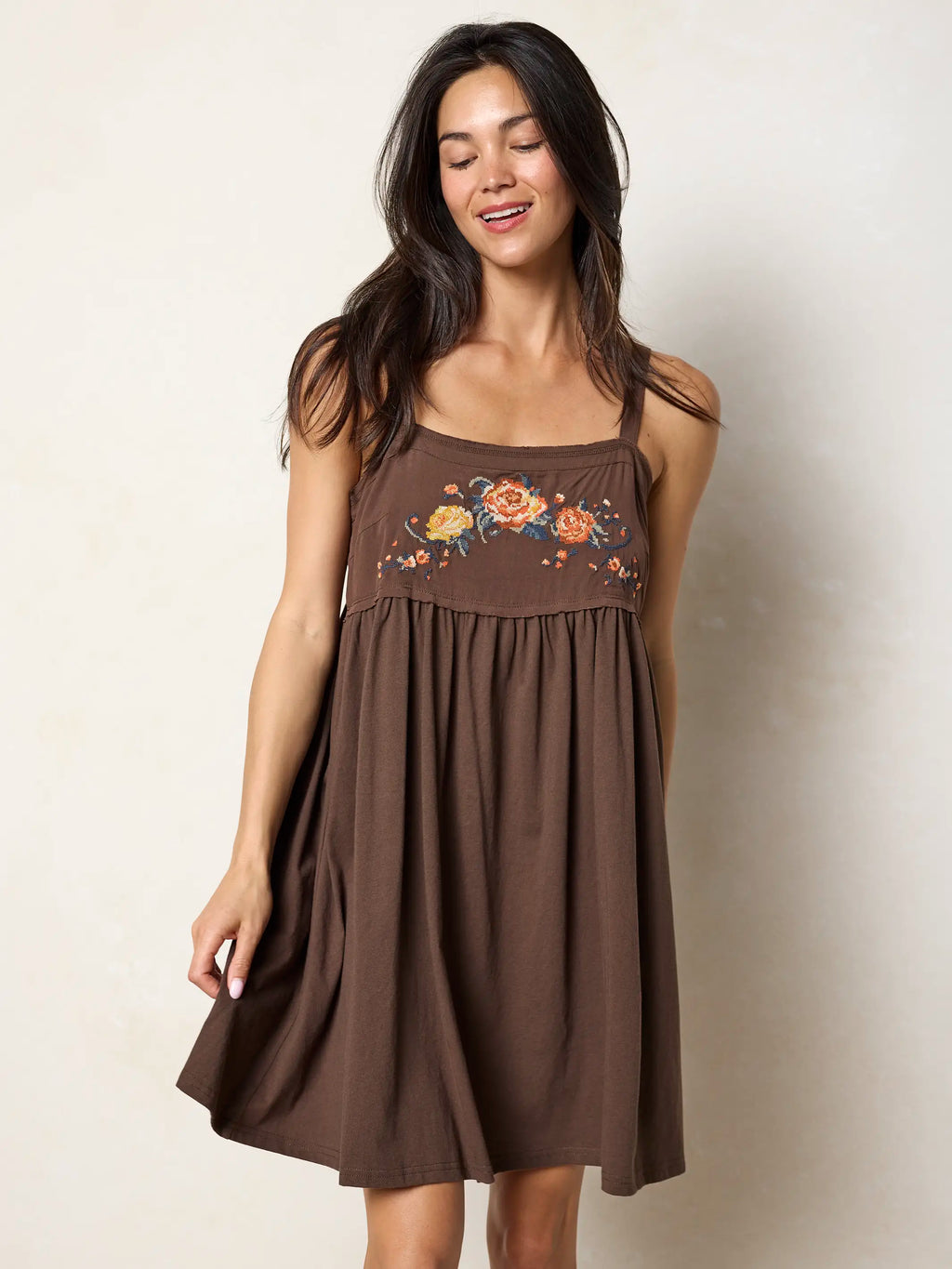 Patti Embroidered Mini Dress - Brown