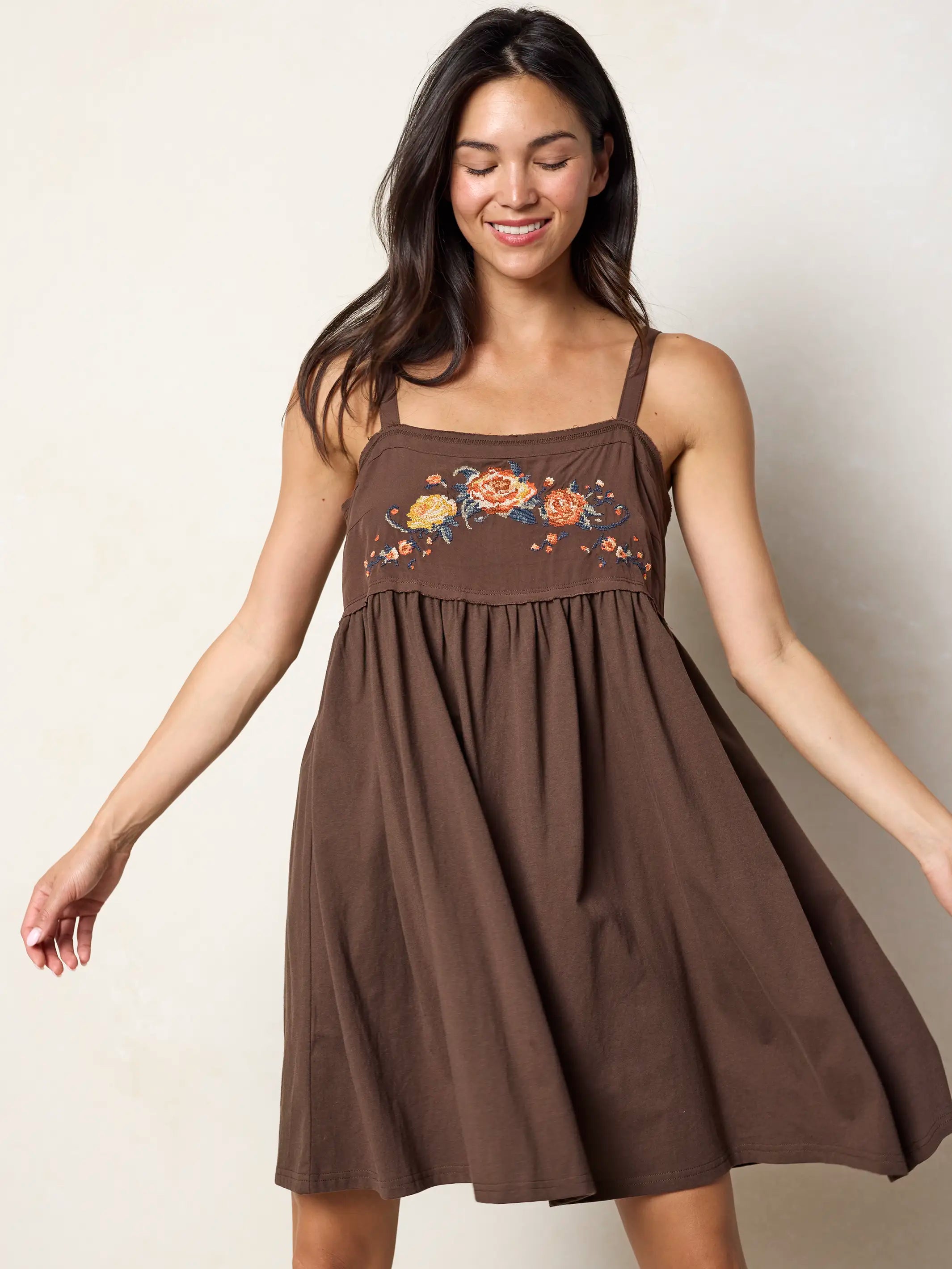 Patti Embroidered Mini Dress - Brown