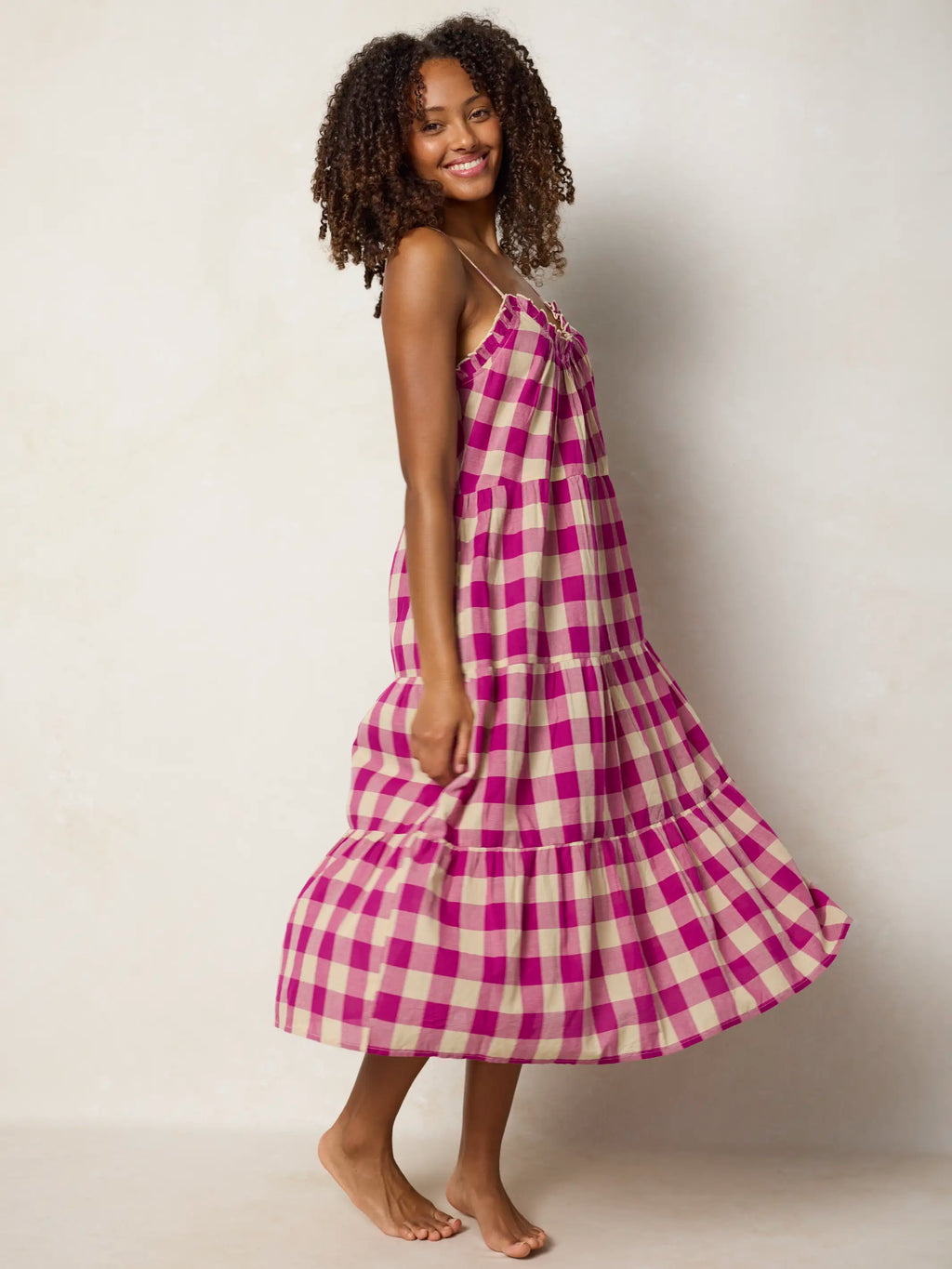 Harley Cotton Midi Dress - Fuchsia Gingham