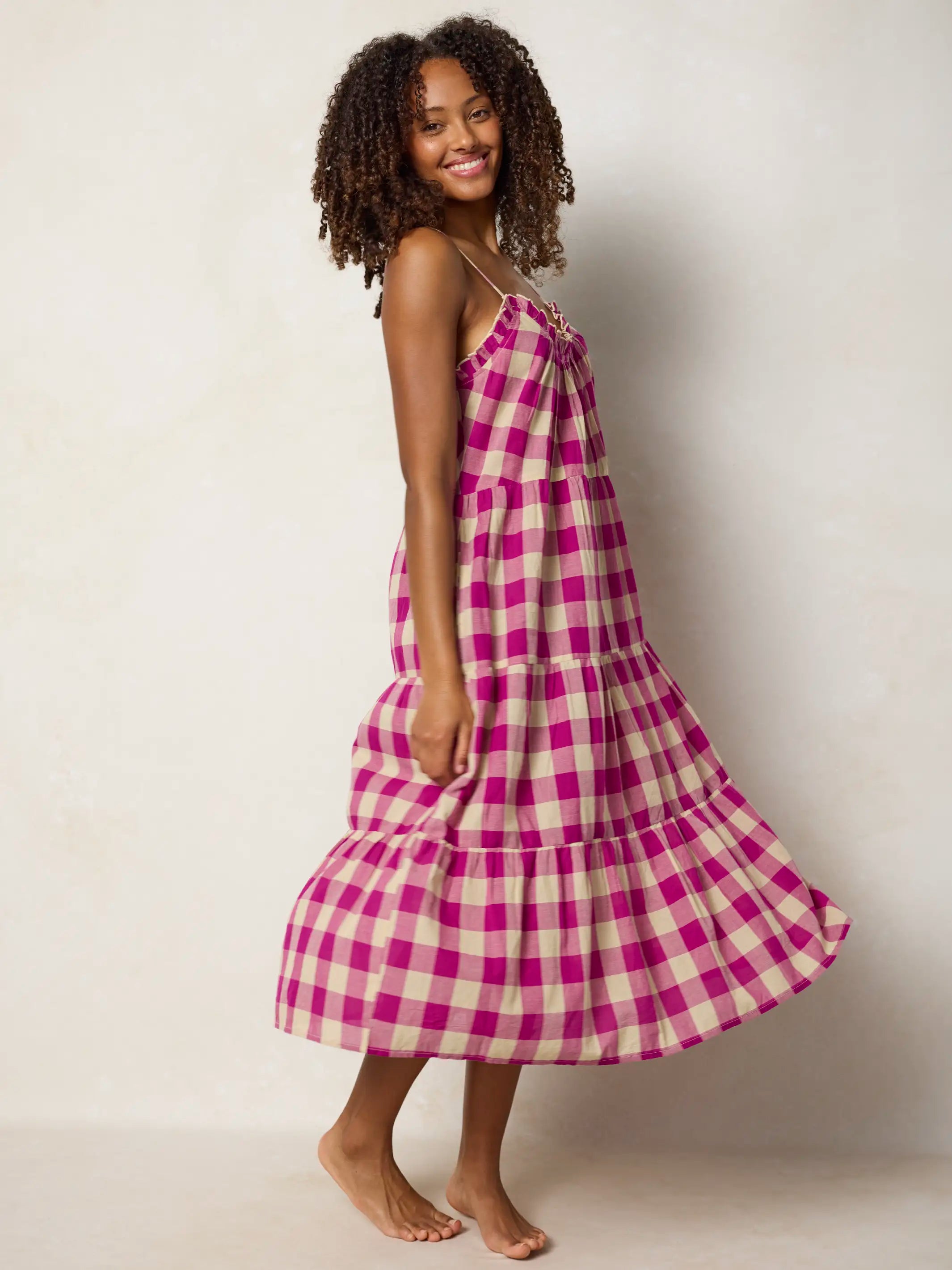 Harley Cotton Midi Dress - Fuchsia Gingham