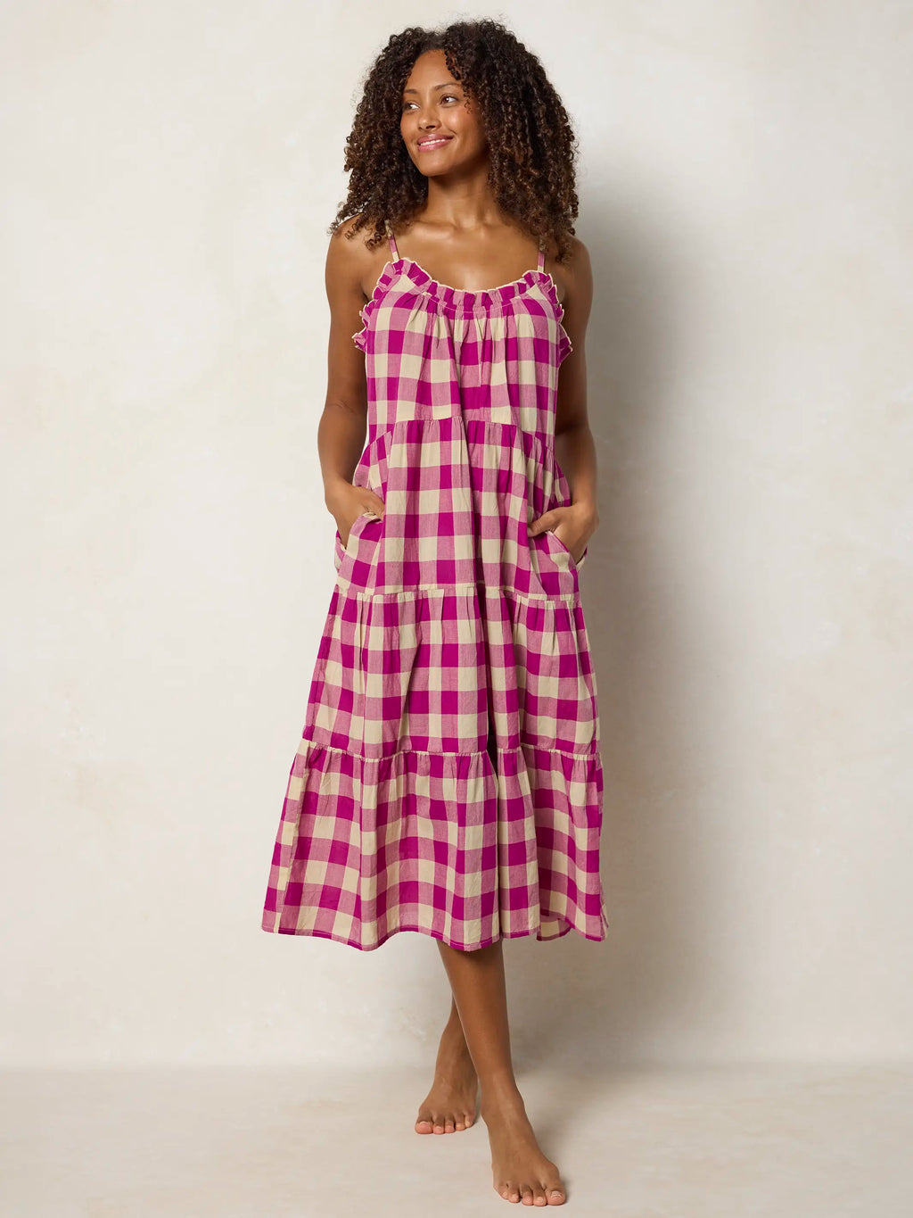 Harley Cotton Midi Dress - Fuchsia Gingham