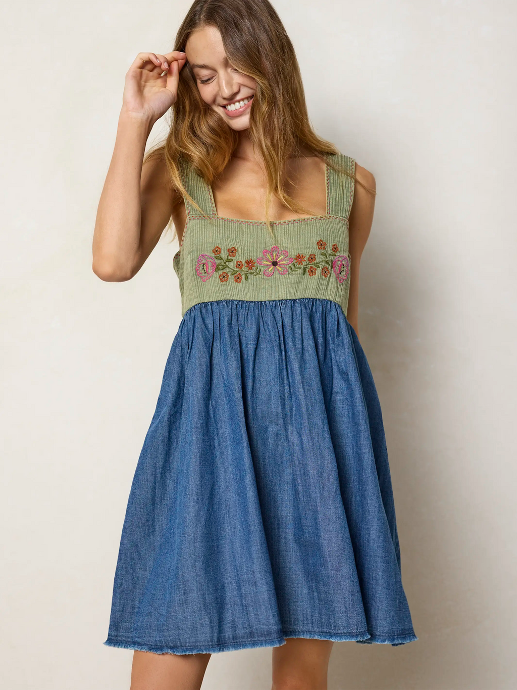 Tricia Embroidered Mini Dress - Green Denim
