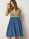 Tricia Embroidered Mini Dress - Green Denim