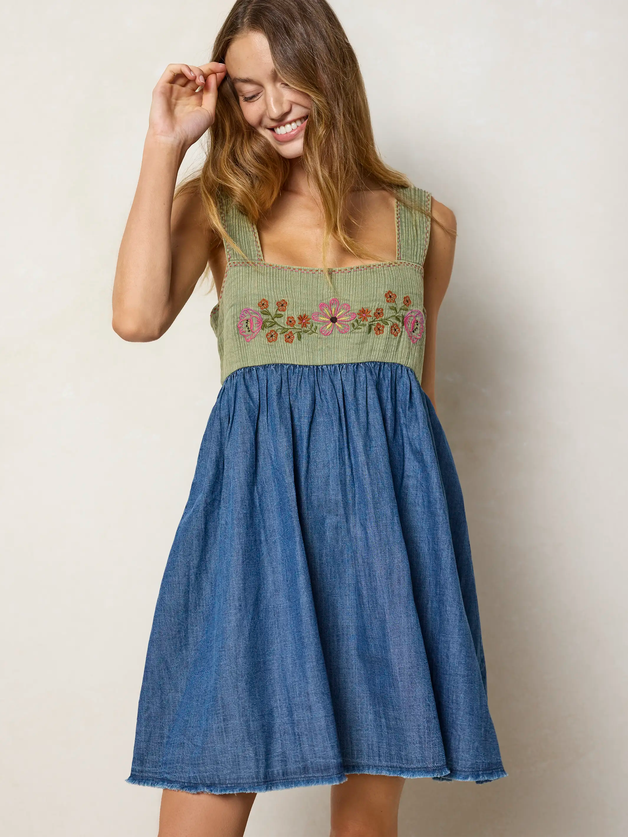 Tricia Embroidered Mini Dress - Green Denim