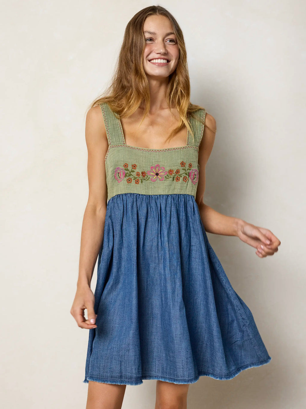 Tricia Embroidered Mini Dress - Green Denim