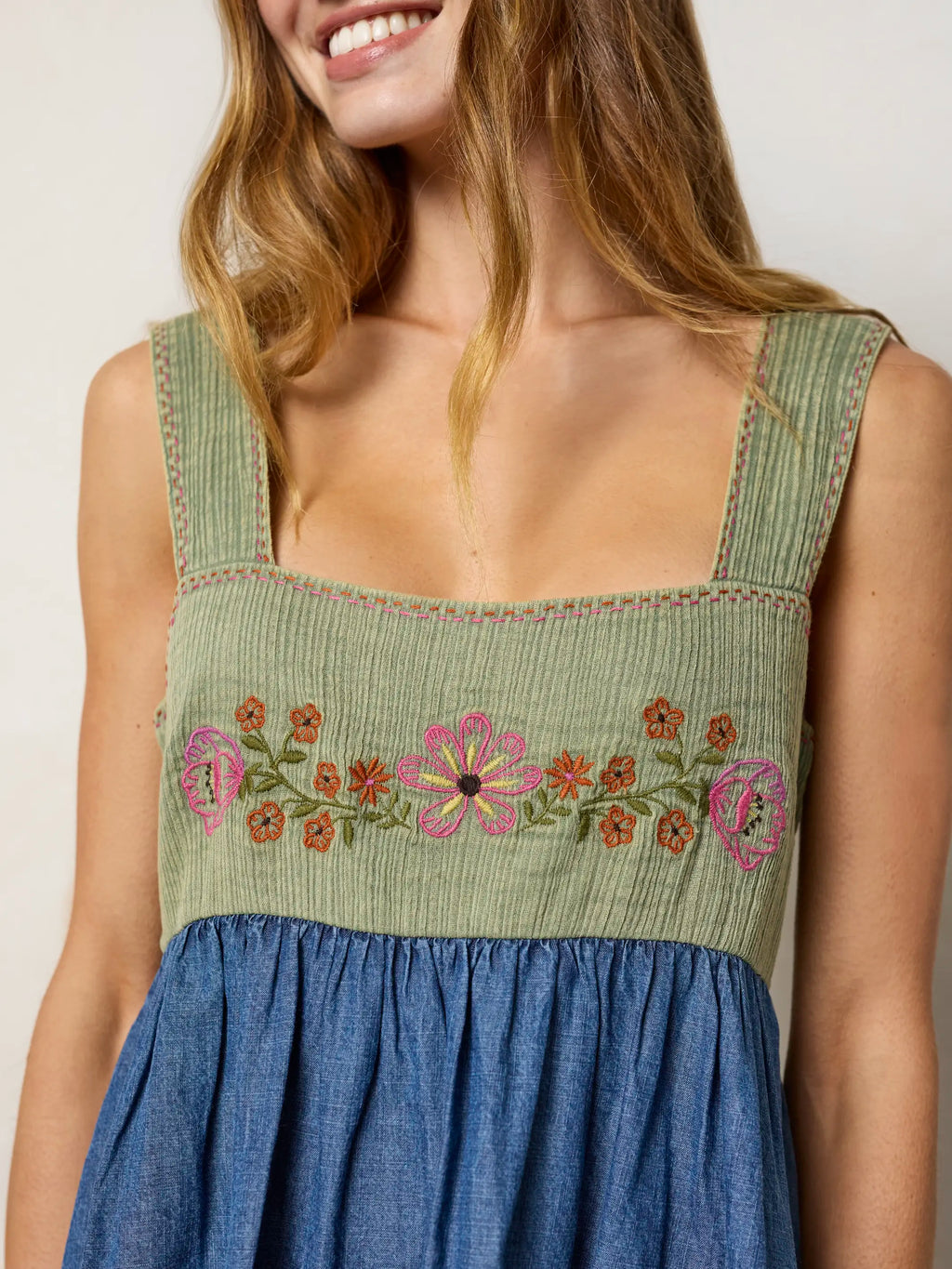 Tricia Embroidered Mini Dress - Green Denim