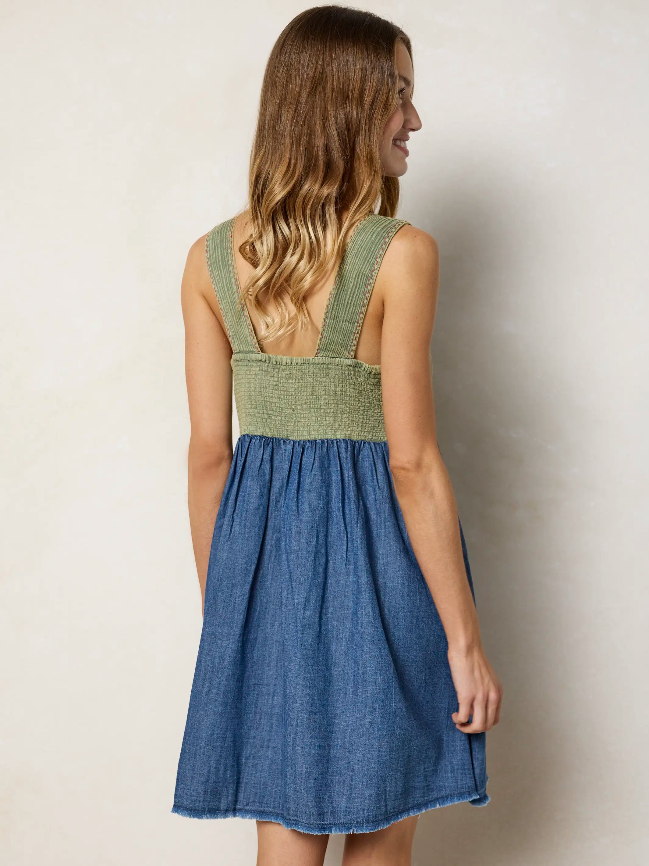 Tricia Embroidered Mini Dress - Green Denim