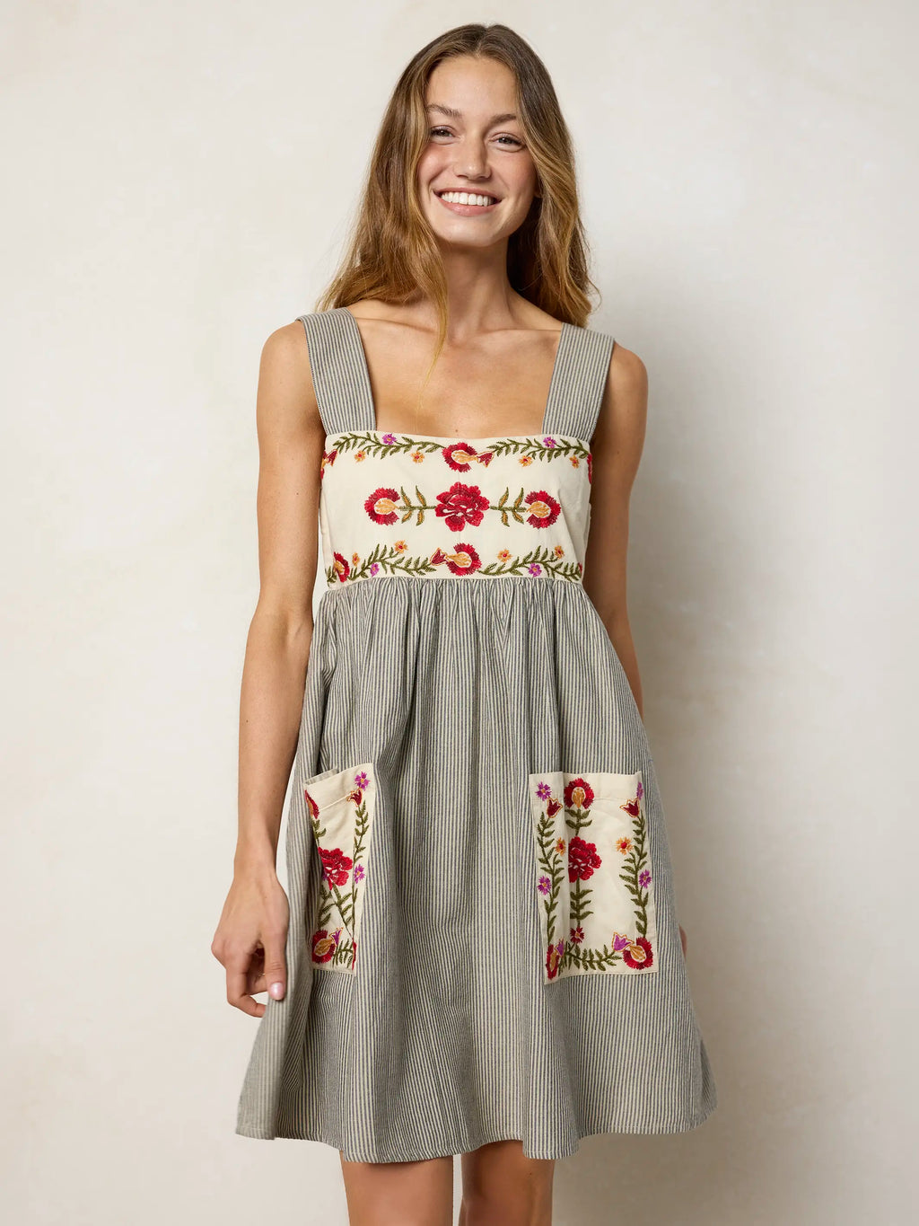 Memory Lane Smocked Cotton Embroidered Mini Dress - Ticking Stripe Navy