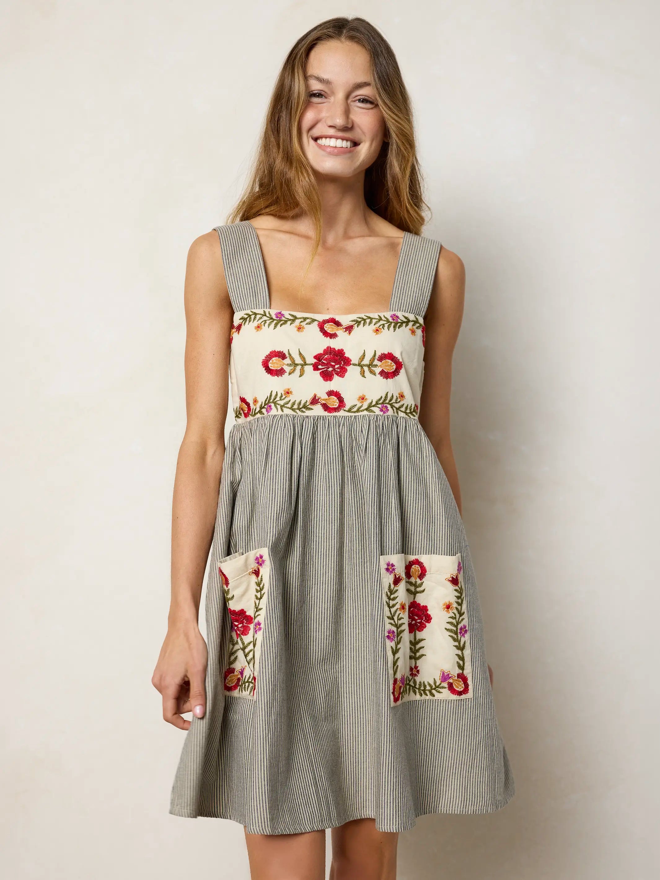 Memory Lane Smocked Cotton Embroidered Mini Dress - Ticking Stripe Navy