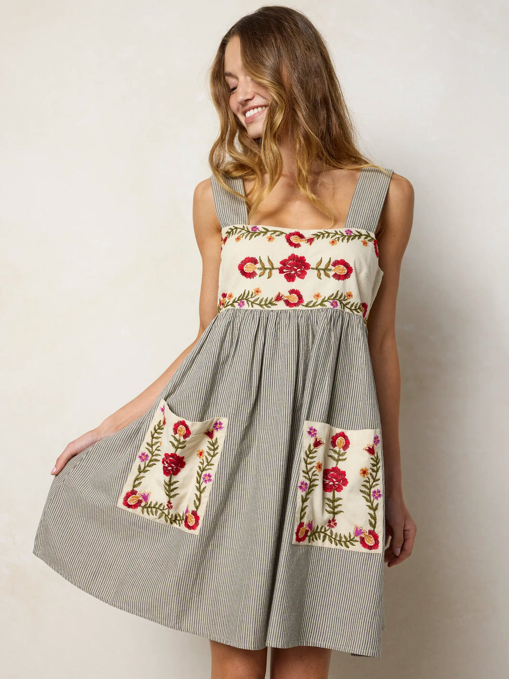 Memory Lane Smocked Cotton Embroidered Mini Dress - Ticking Stripe Navy