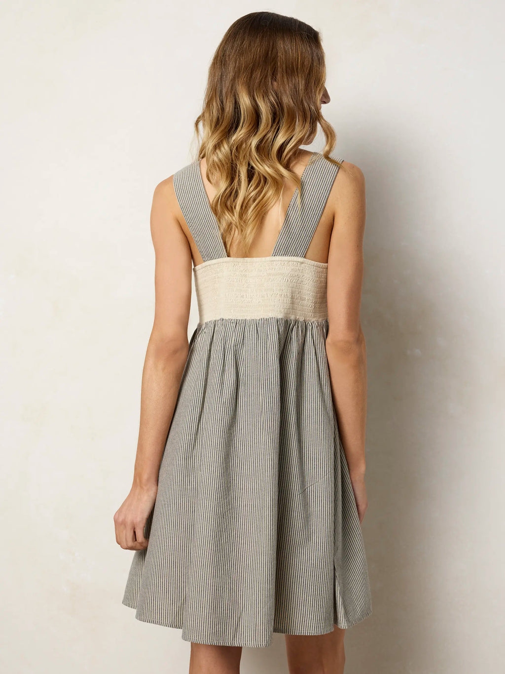 Memory Lane Smocked Cotton Embroidered Mini Dress - Ticking Stripe Navy