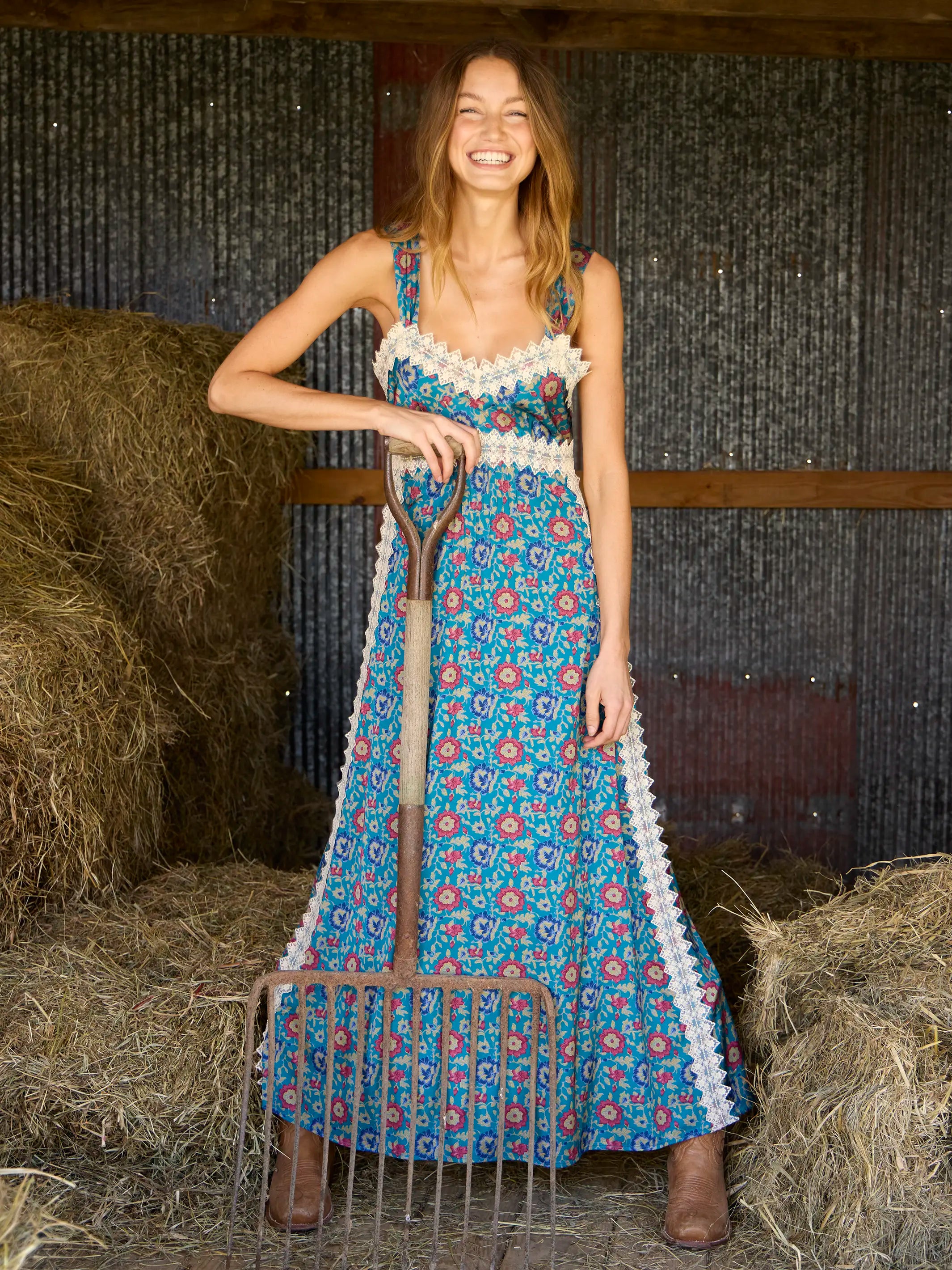 Tennessee Lace Trim Maxi Dress - Peony Block Teal