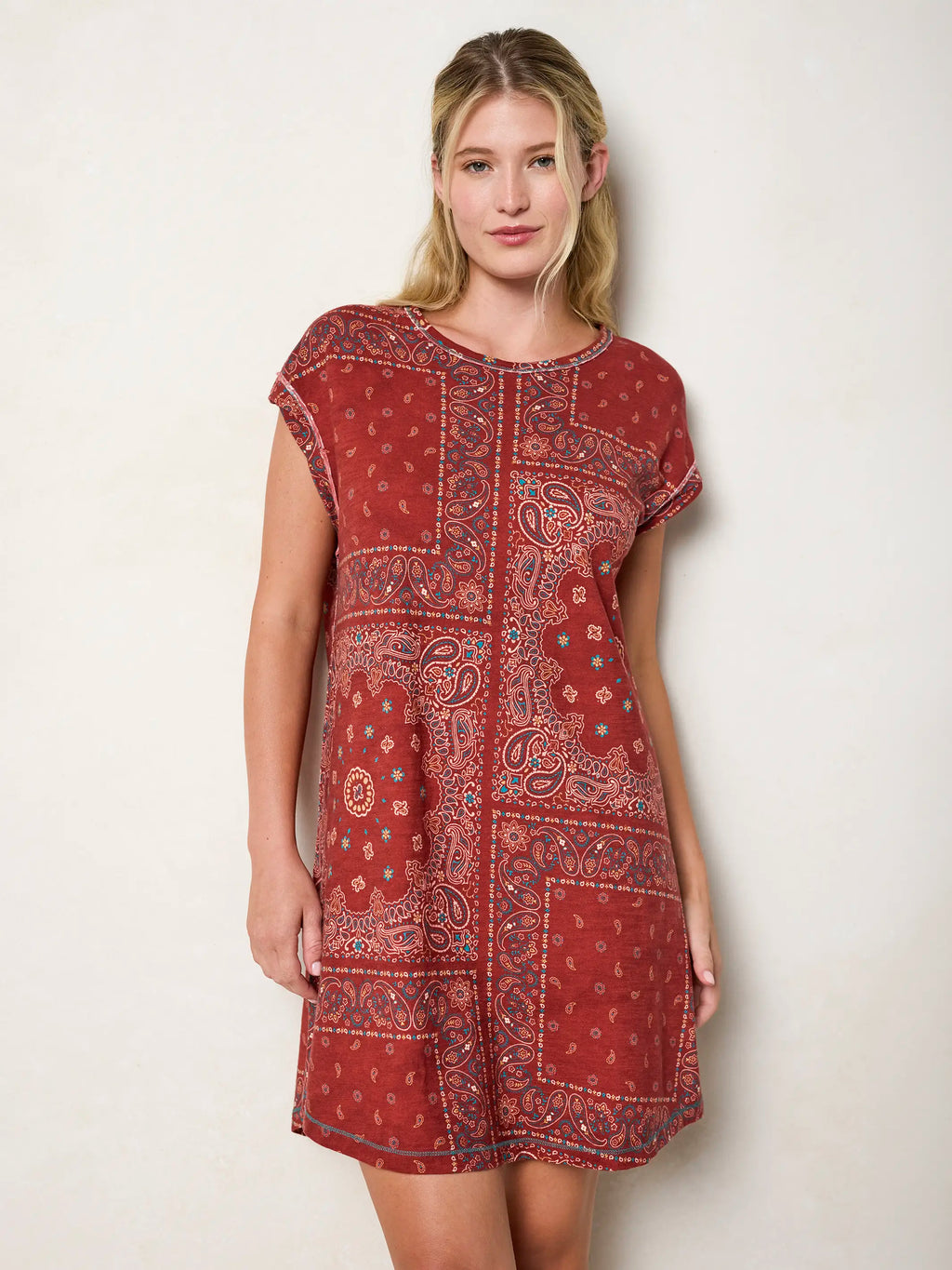 Frankie Knit Cotton Tee Mini Dress - Red Bandana Scarf