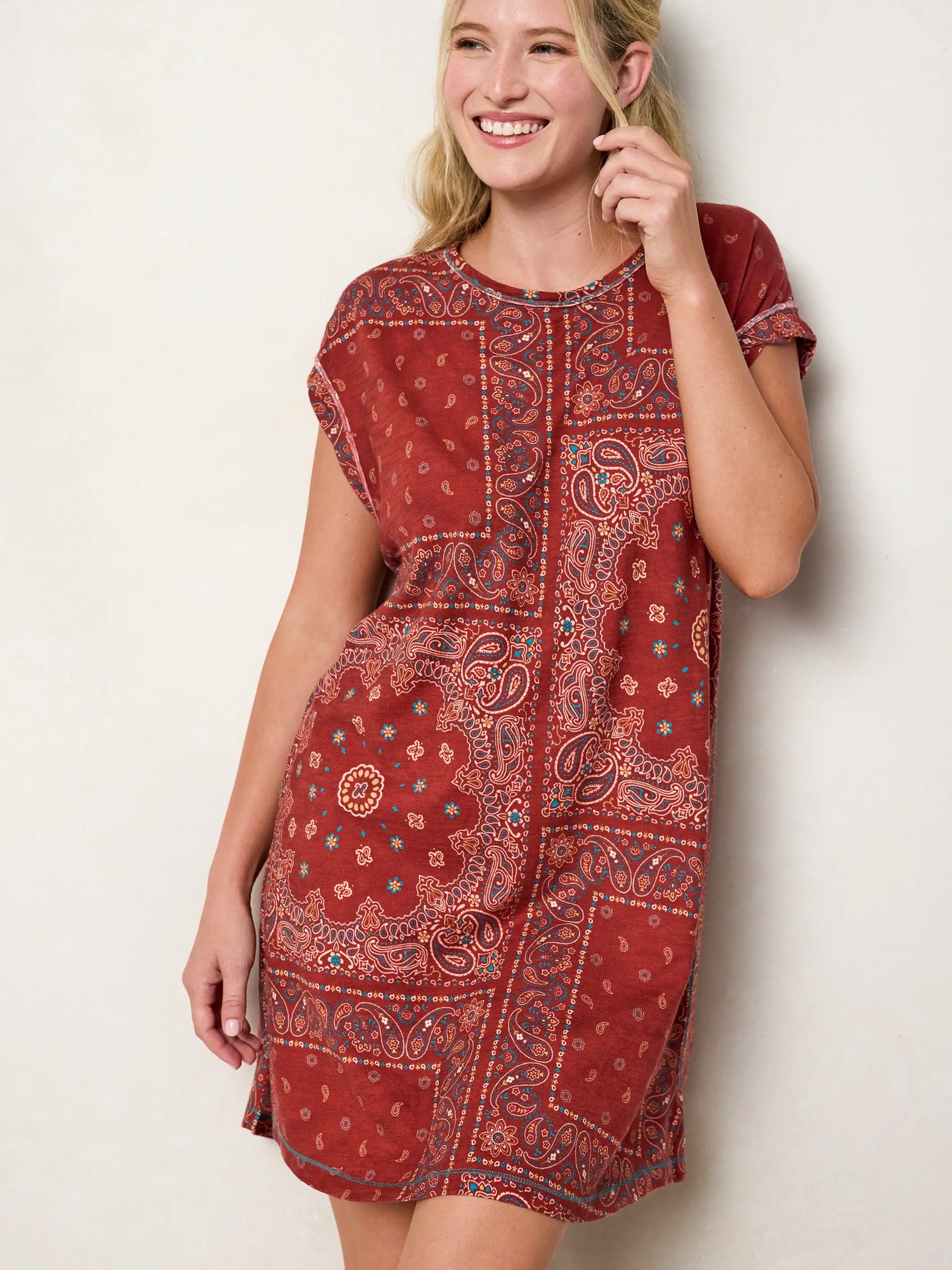 Frankie Knit Cotton Tee Mini Dress - Red Bandana Scarf