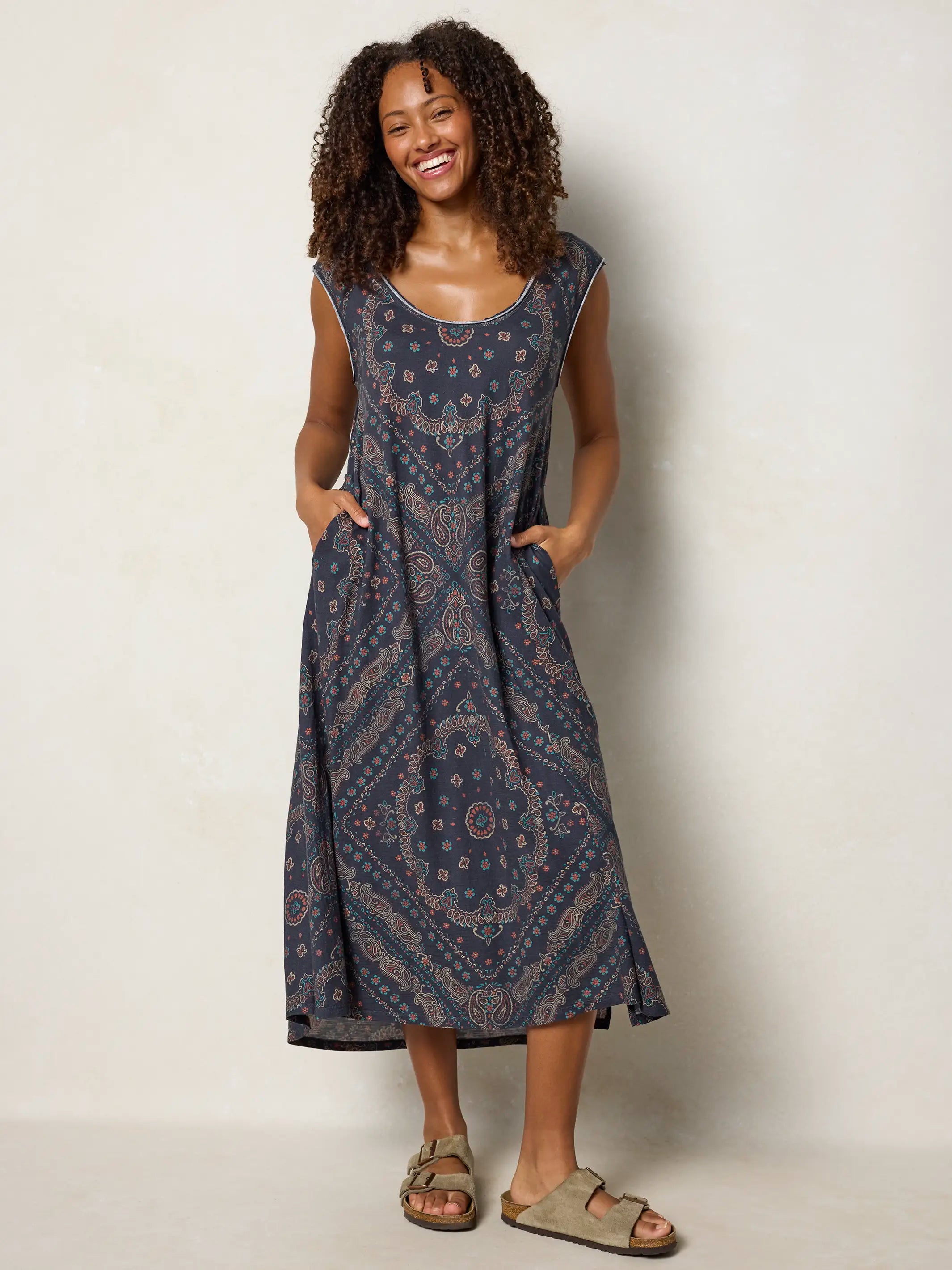Hangout Cotton Midi Dress - Sedona Bandana Charcoal