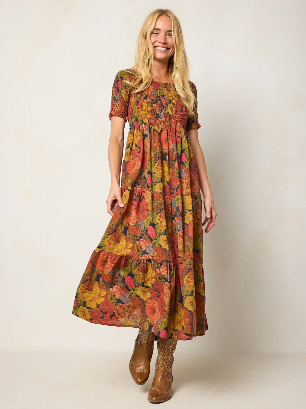 Daisy Tiered Maxi Dress - Autumn Roses Gold