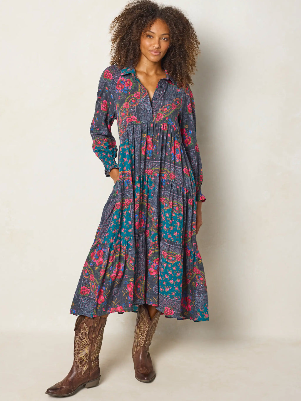 Rebecca Long Sleeve Midi Dress - Sintra Bandana Charcoal