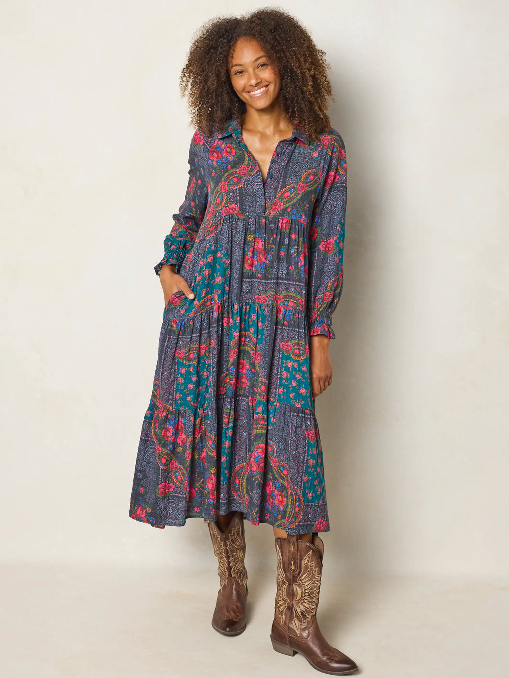 Rebecca Long Sleeve Midi Dress - Sintra Bandana Charcoal