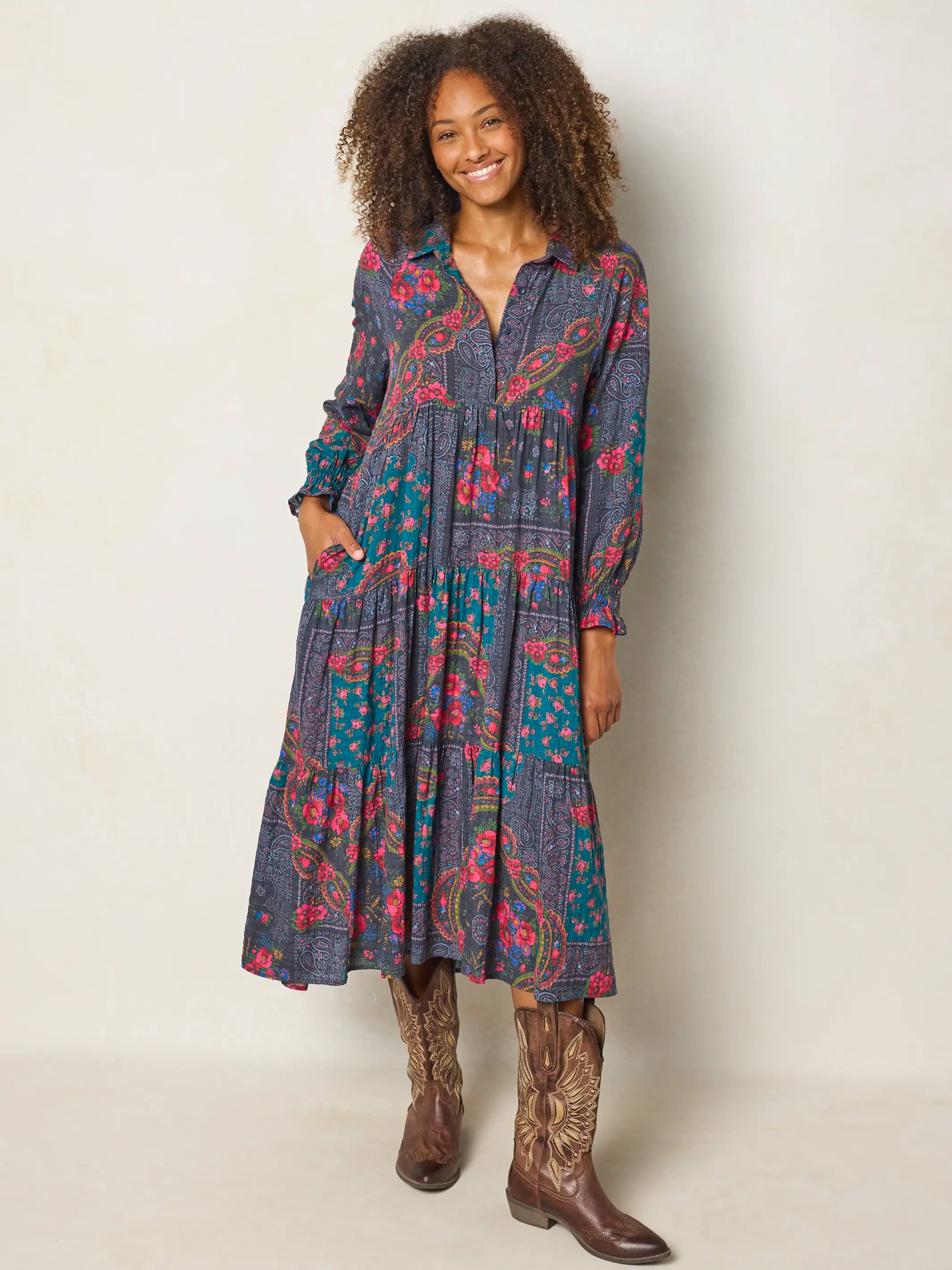 Rebecca Long Sleeve Midi Dress - Sintra Bandana Charcoal