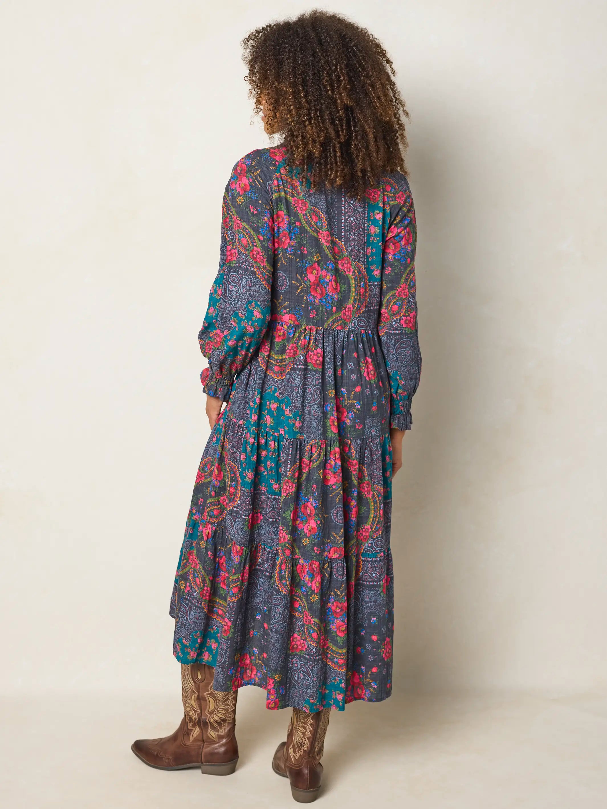 Rebecca Long Sleeve Midi Dress - Sintra Bandana Charcoal