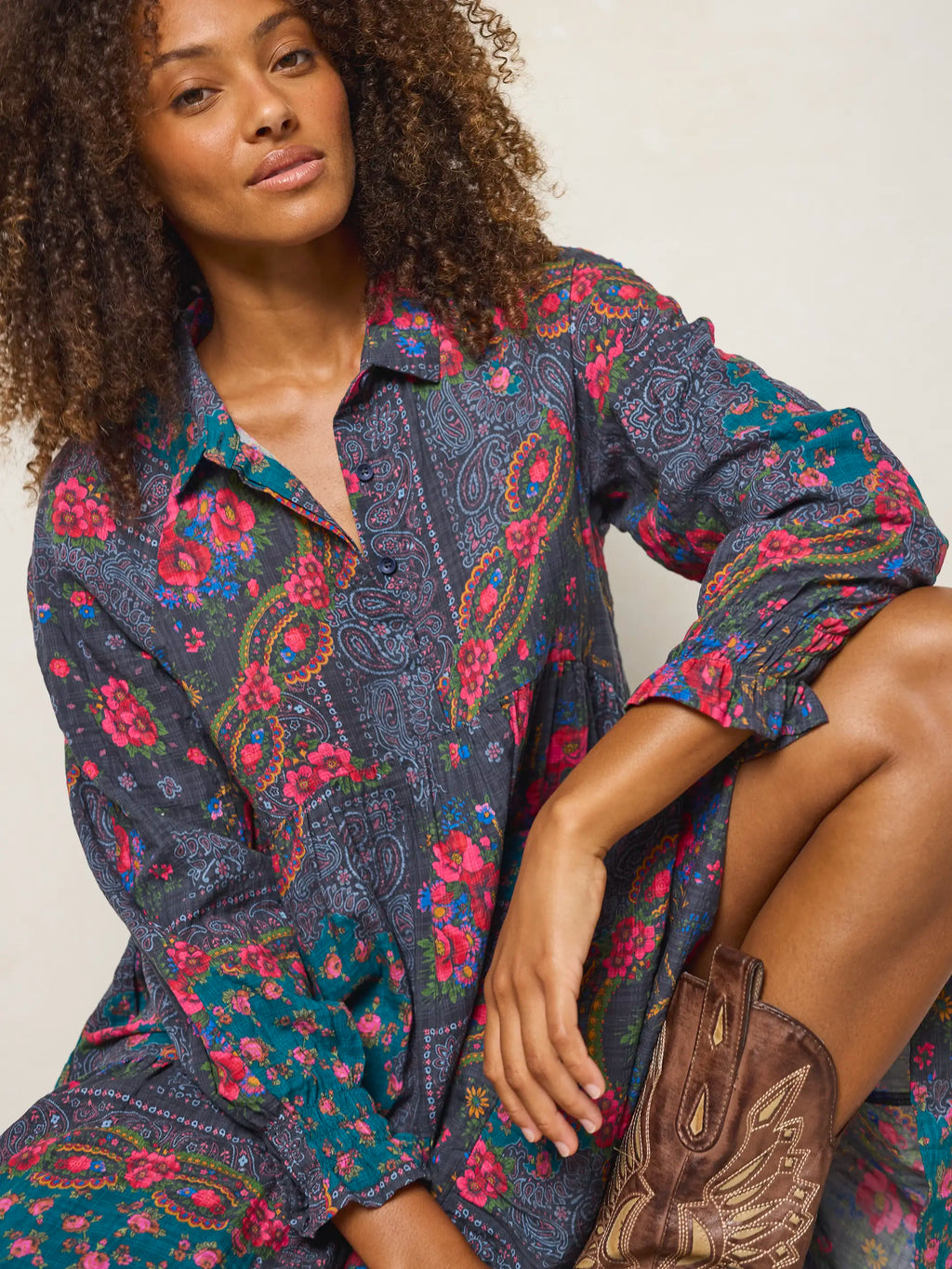 Rebecca Long Sleeve Midi Dress - Sintra Bandana Charcoal