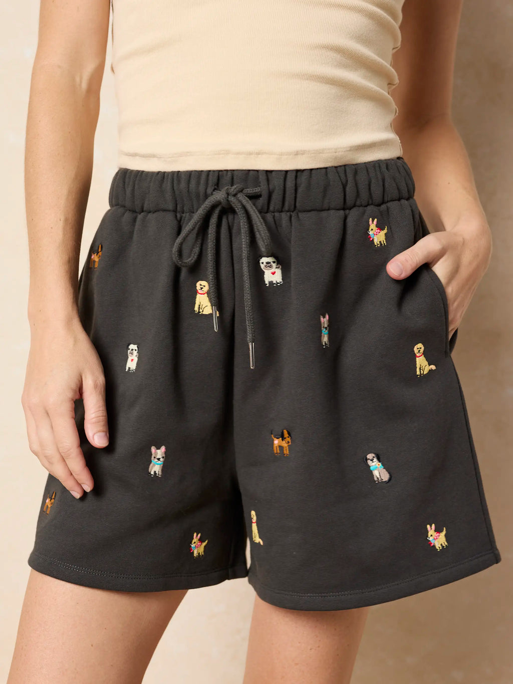 Fave Little Things Embroidered Shorts - Charcoal Dogs