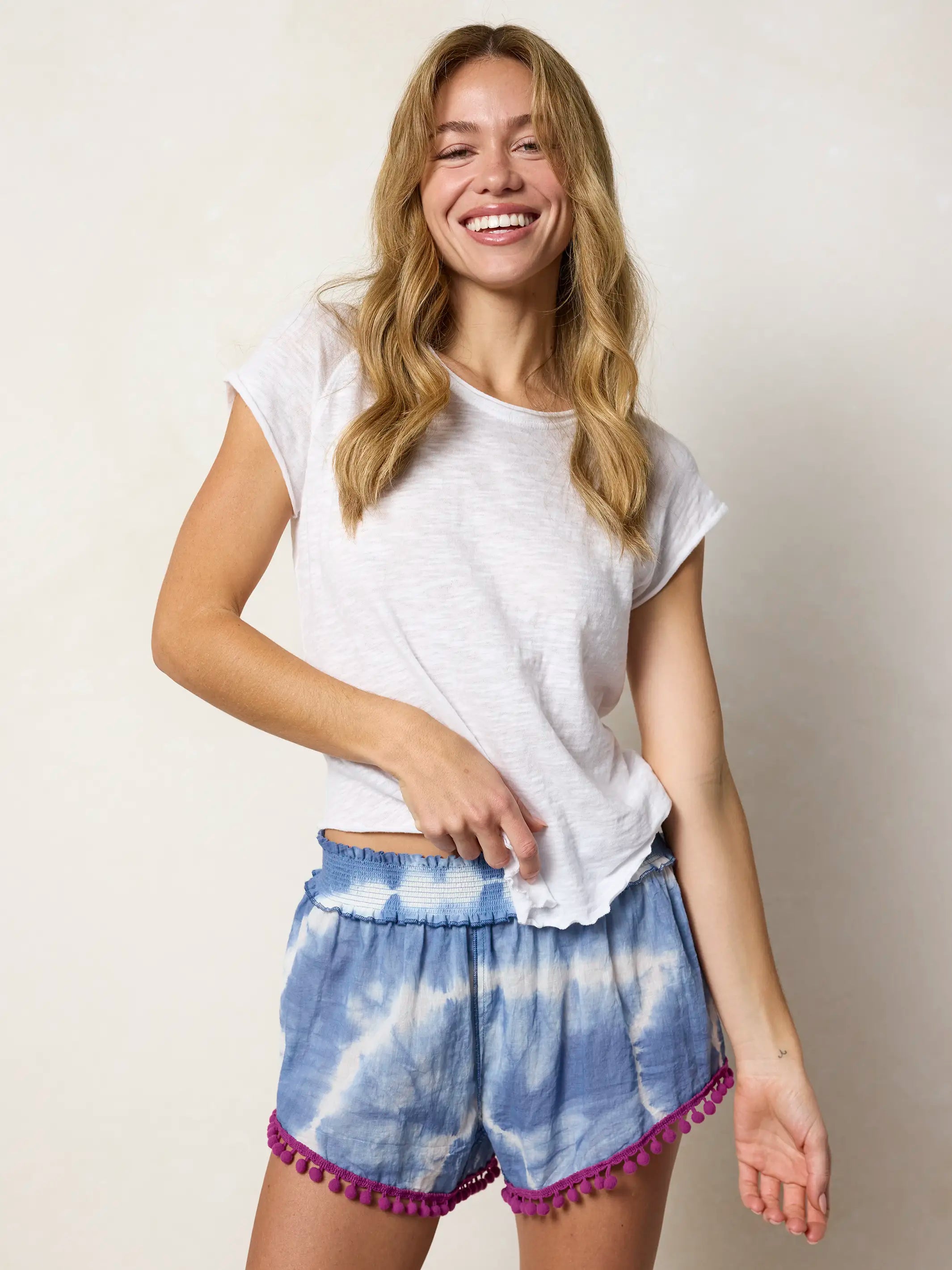 Cotton Pom Pom Shorts - Blue Tie-Dye