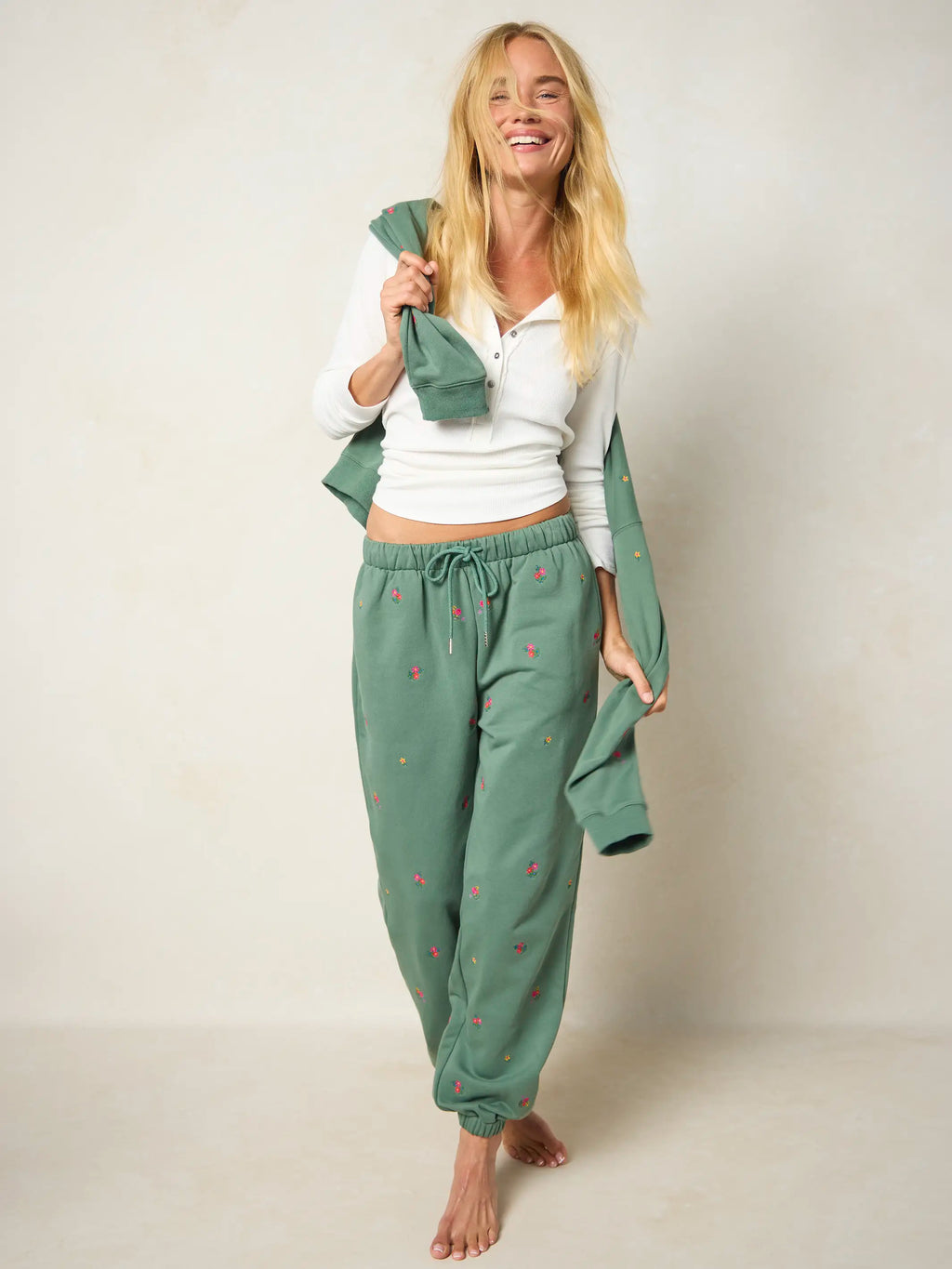 Fave Little Things Embroidered Jogger Pants - Olive Floral