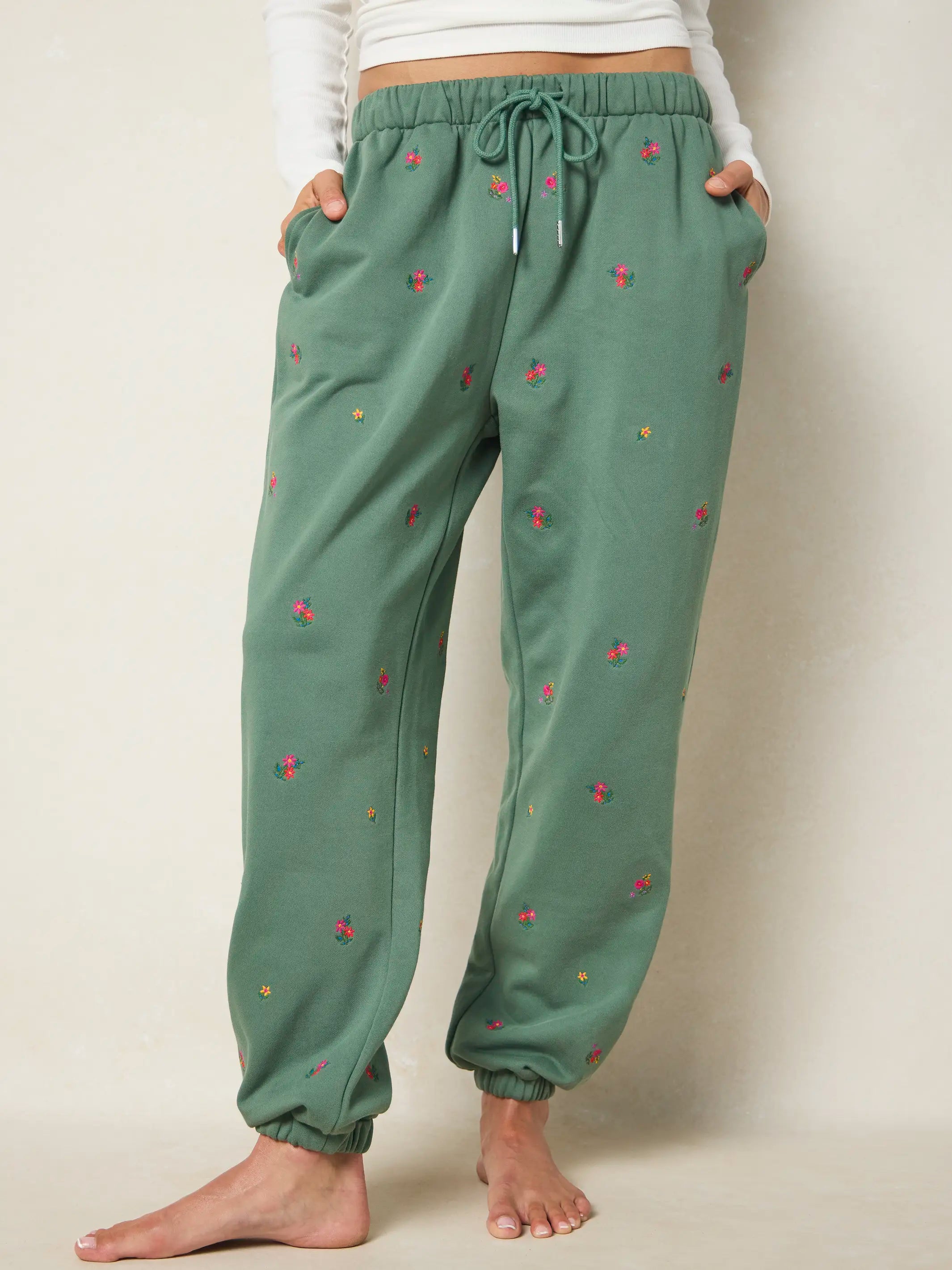 Fave Little Things Embroidered Jogger Pants - Olive Floral