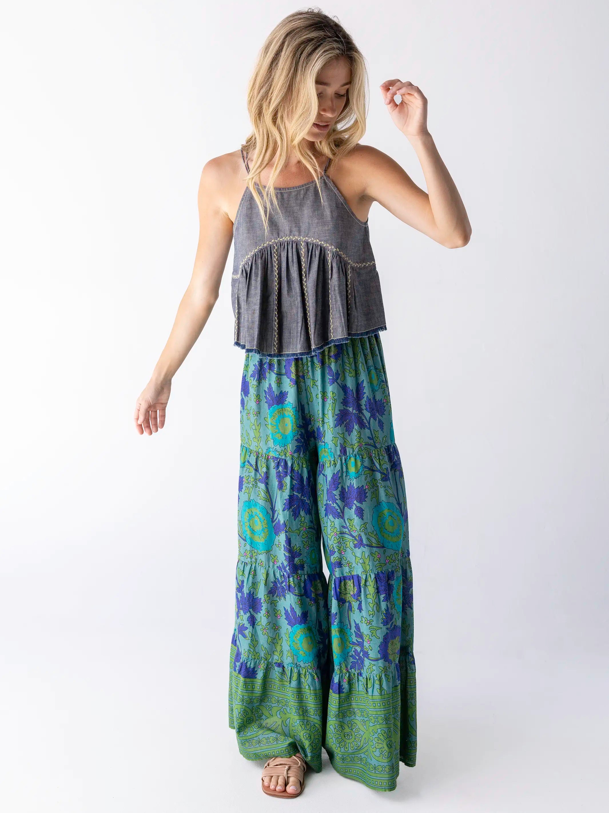 Patti Palazzo Pants - Leafy Teal Cotton