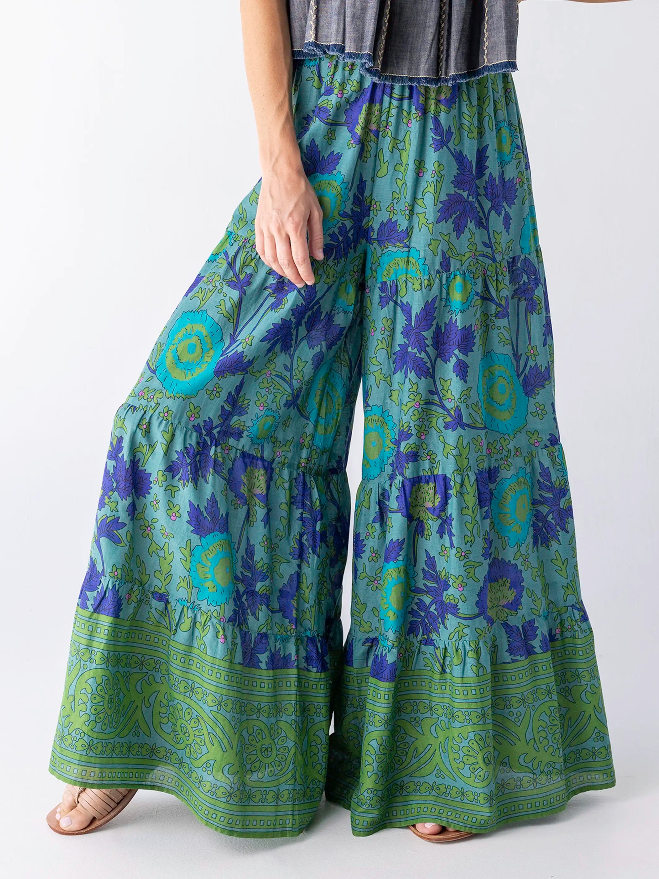 Patti Palazzo Pants - Leafy Teal Cotton