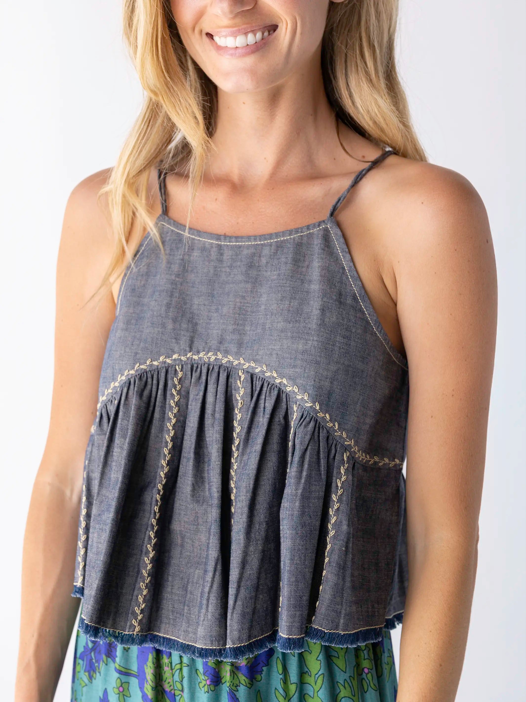 Erin Embroidered Cotton Top - Navy Denim