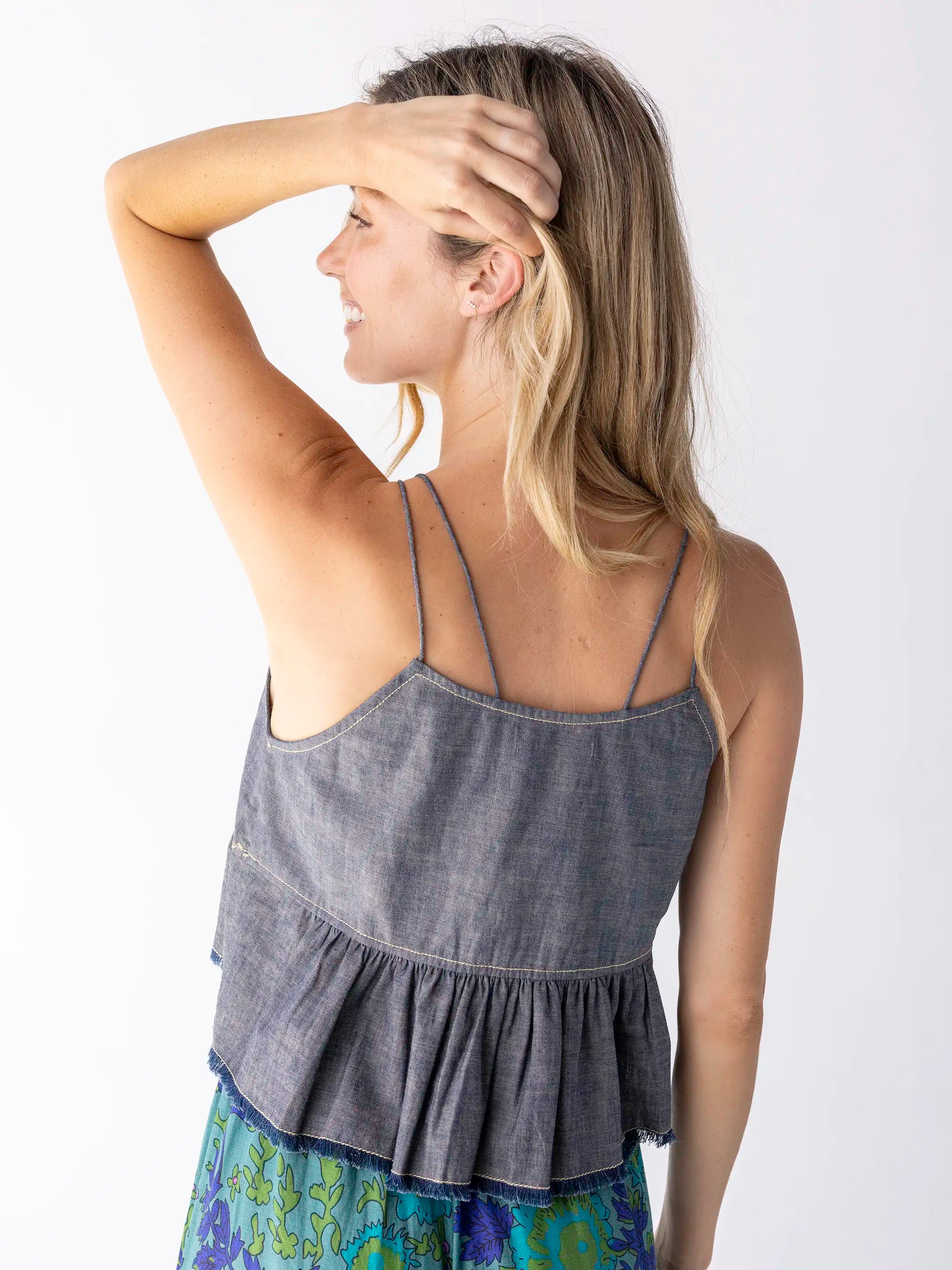 Erin Embroidered Cotton Top - Navy Denim