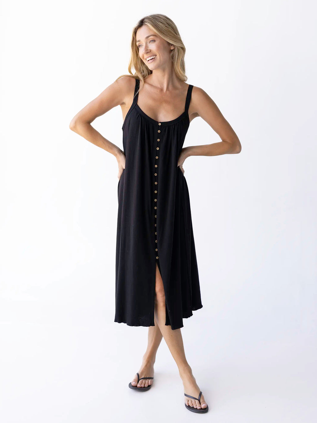 Relaxed Button Down Midi Dress - Black