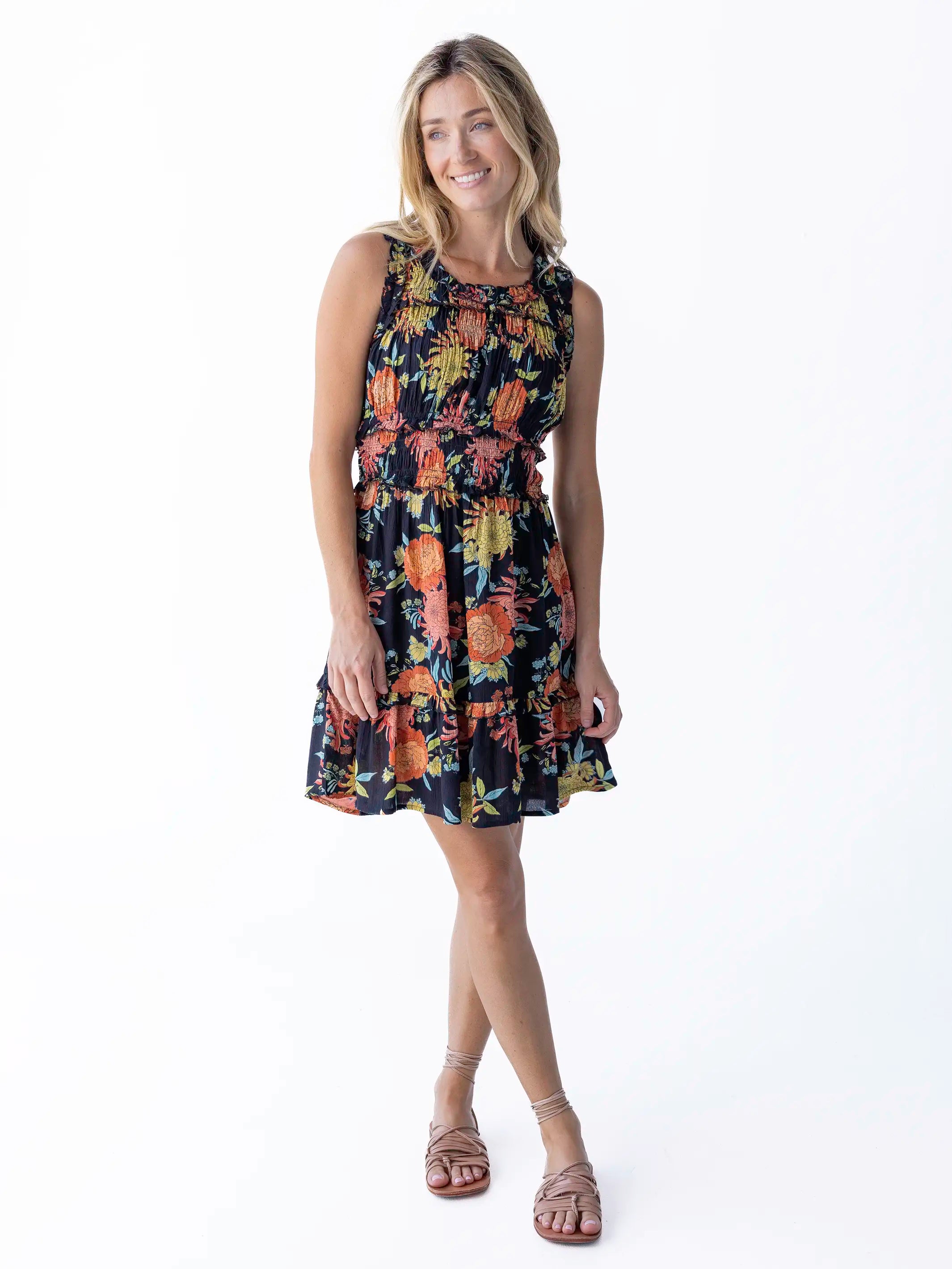 Elsie Ruffle Mini Dress - Black Marigold Floral