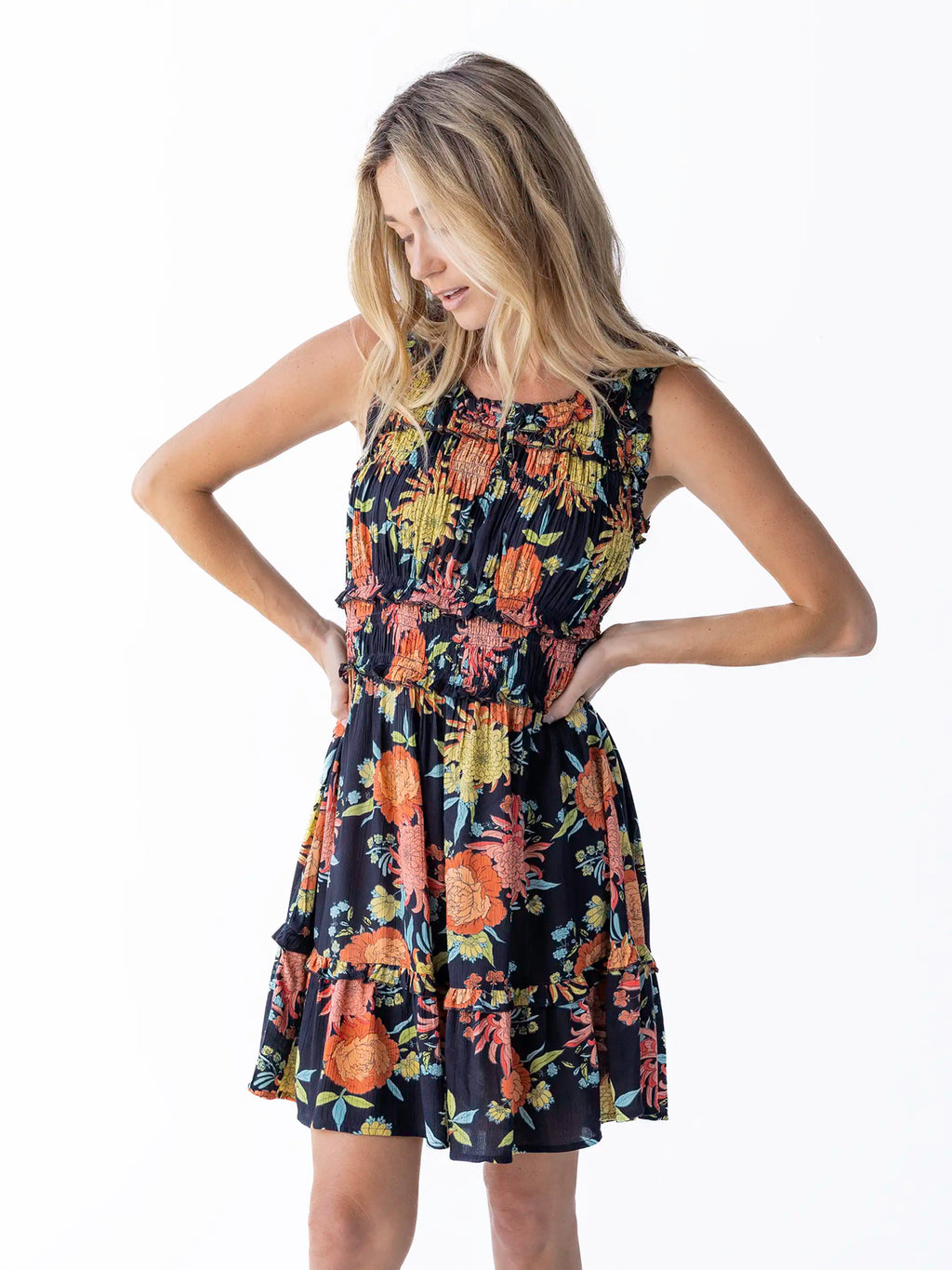 Elsie Ruffle Mini Dress - Black Marigold Floral