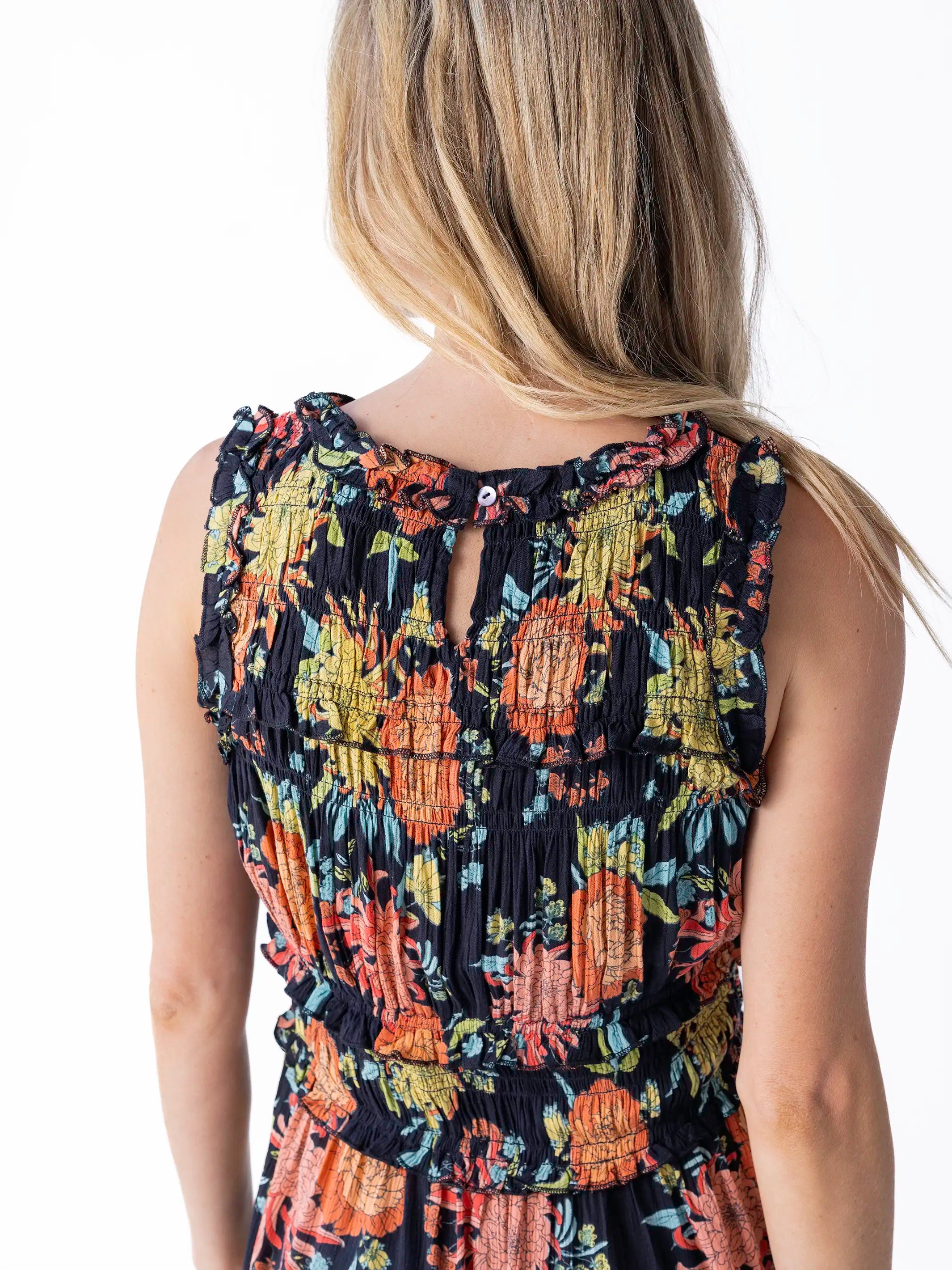Elsie Ruffle Mini Dress - Black Marigold Floral