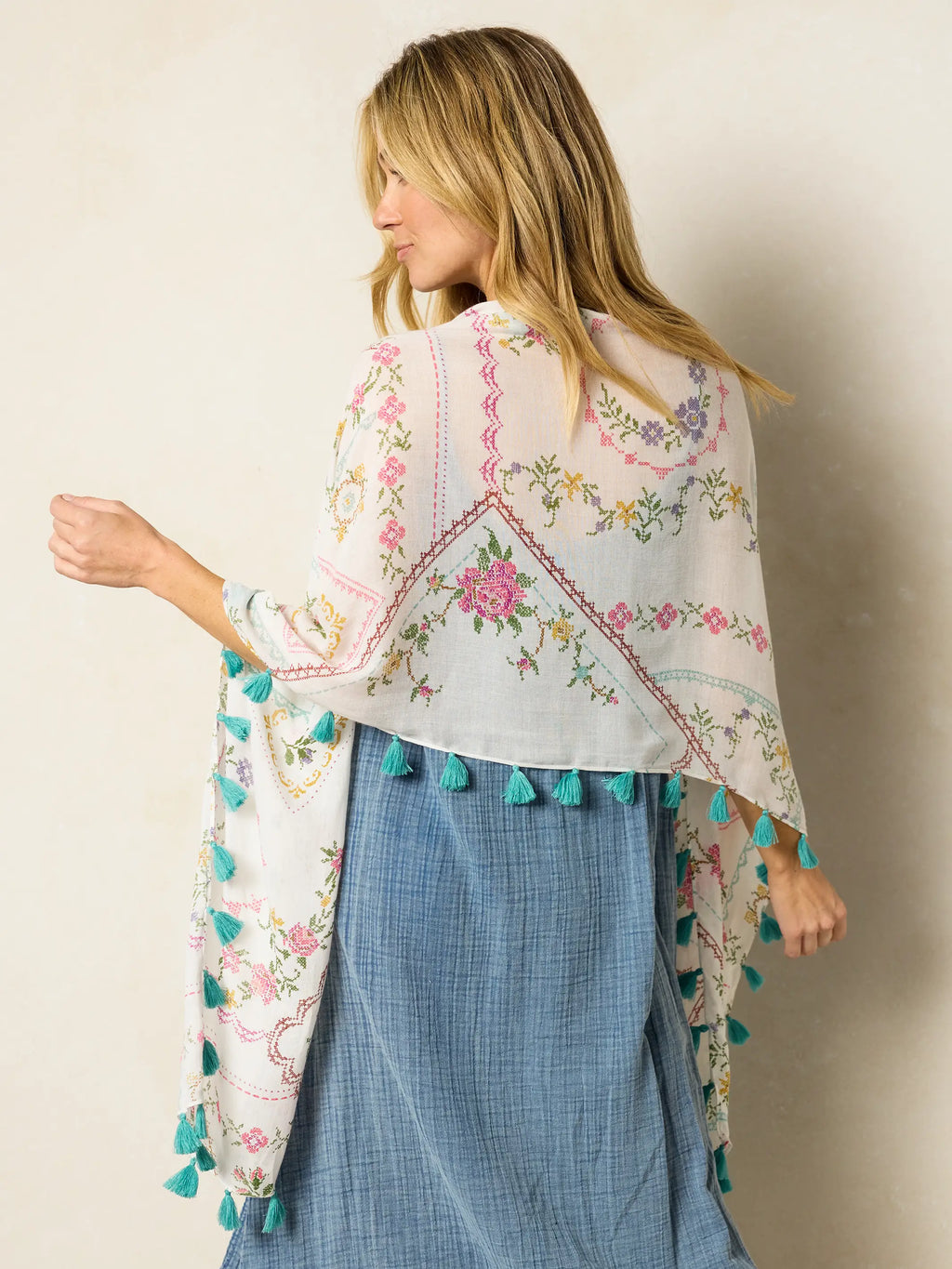 Sayulita Scarf - Heirloom Cross Stitch Ivory