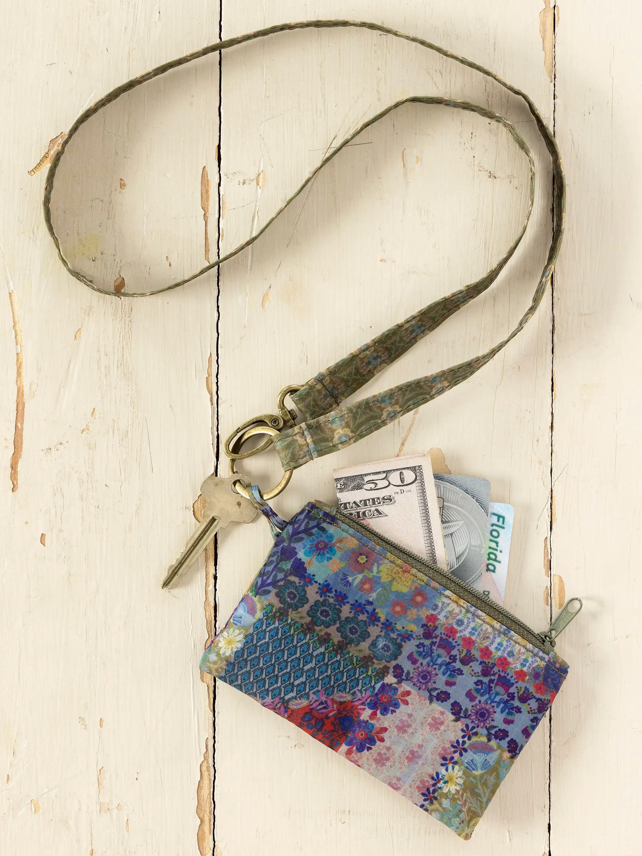 Zip Pouch Lanyard - Blue Patchwork