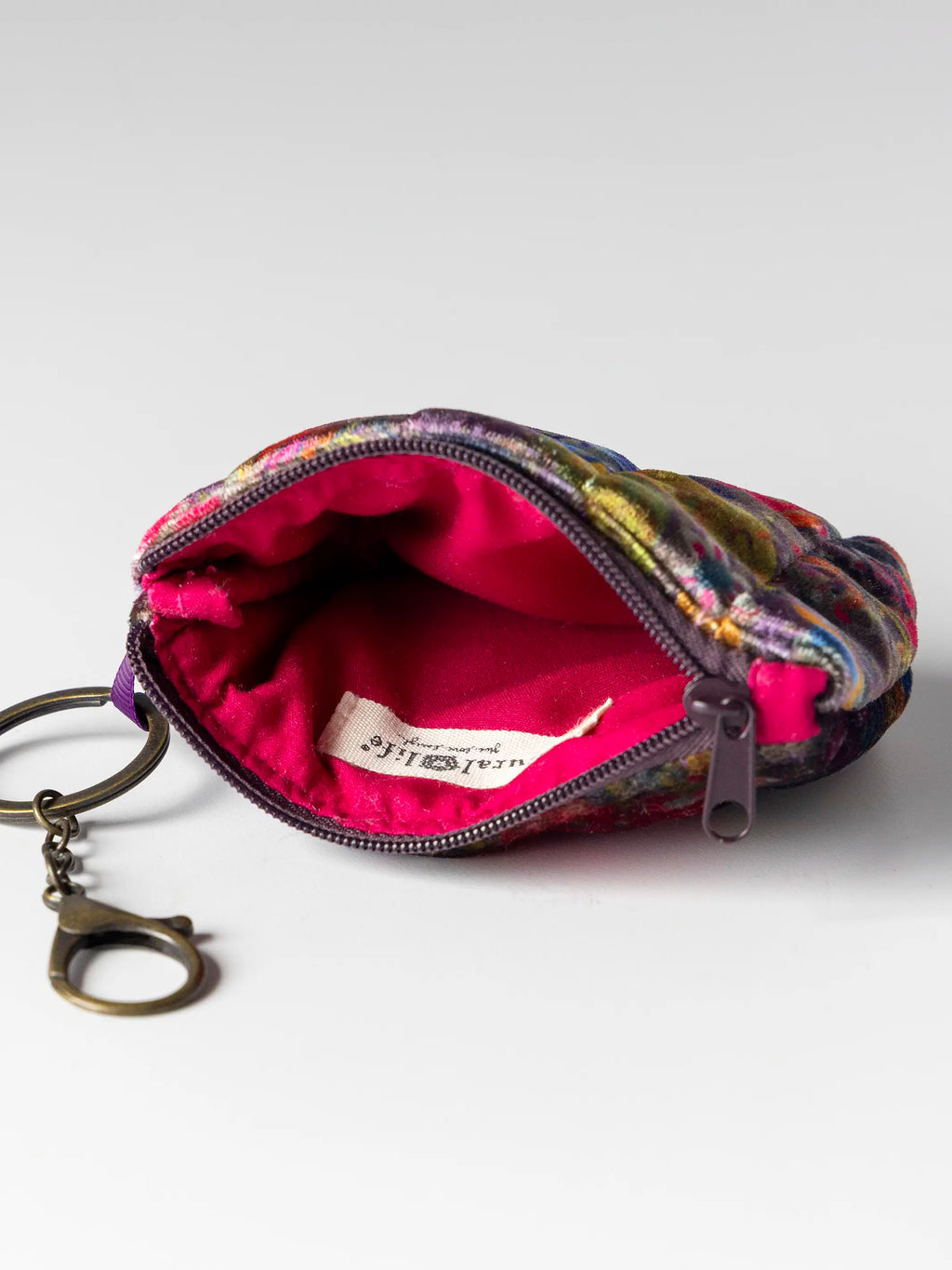 Mini Velvet Puffy Coin Purse Key Clip - Dark Floral Garden