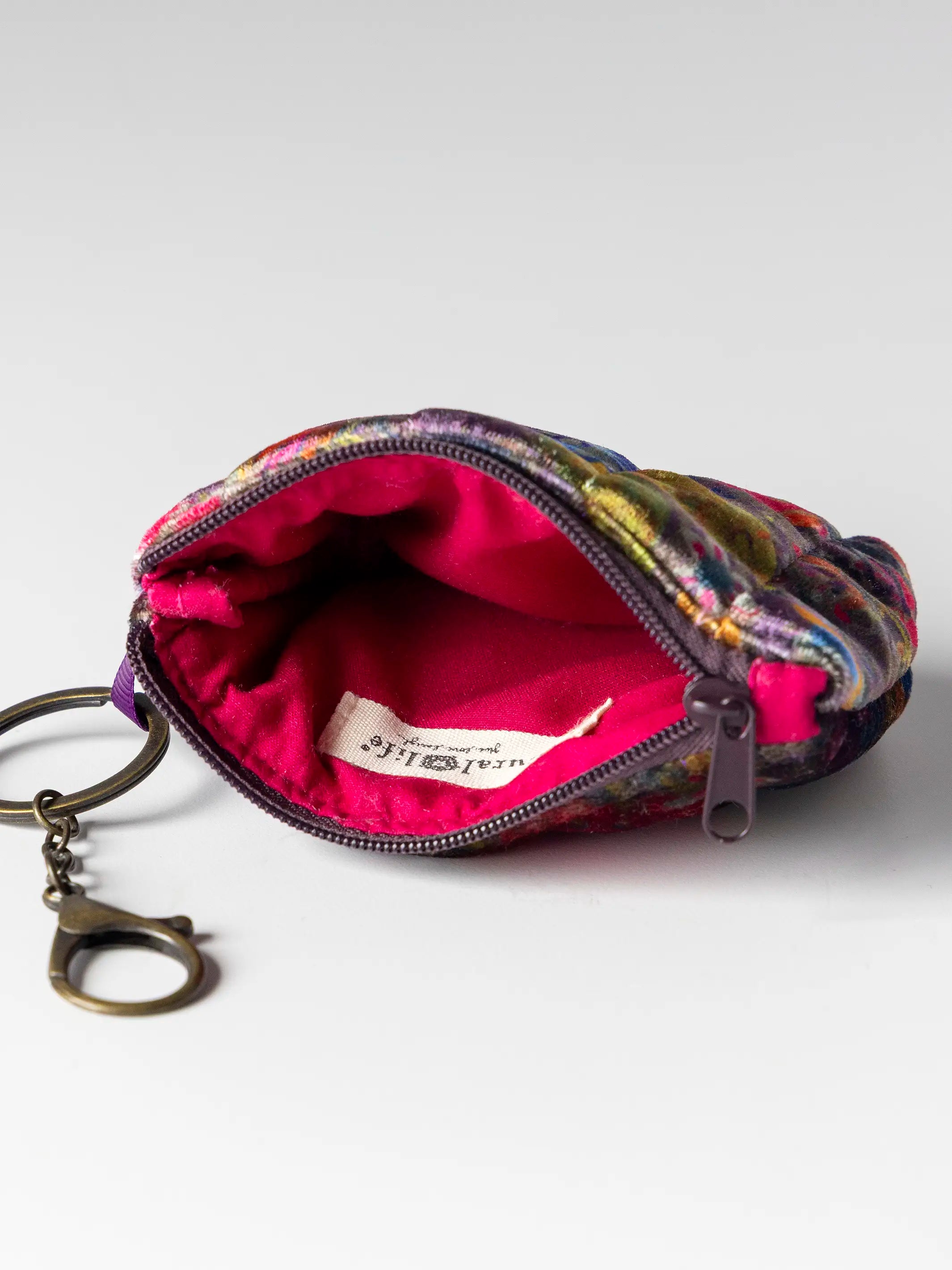 Mini Velvet Puffy Coin Purse Key Clip - Dark Floral Garden
